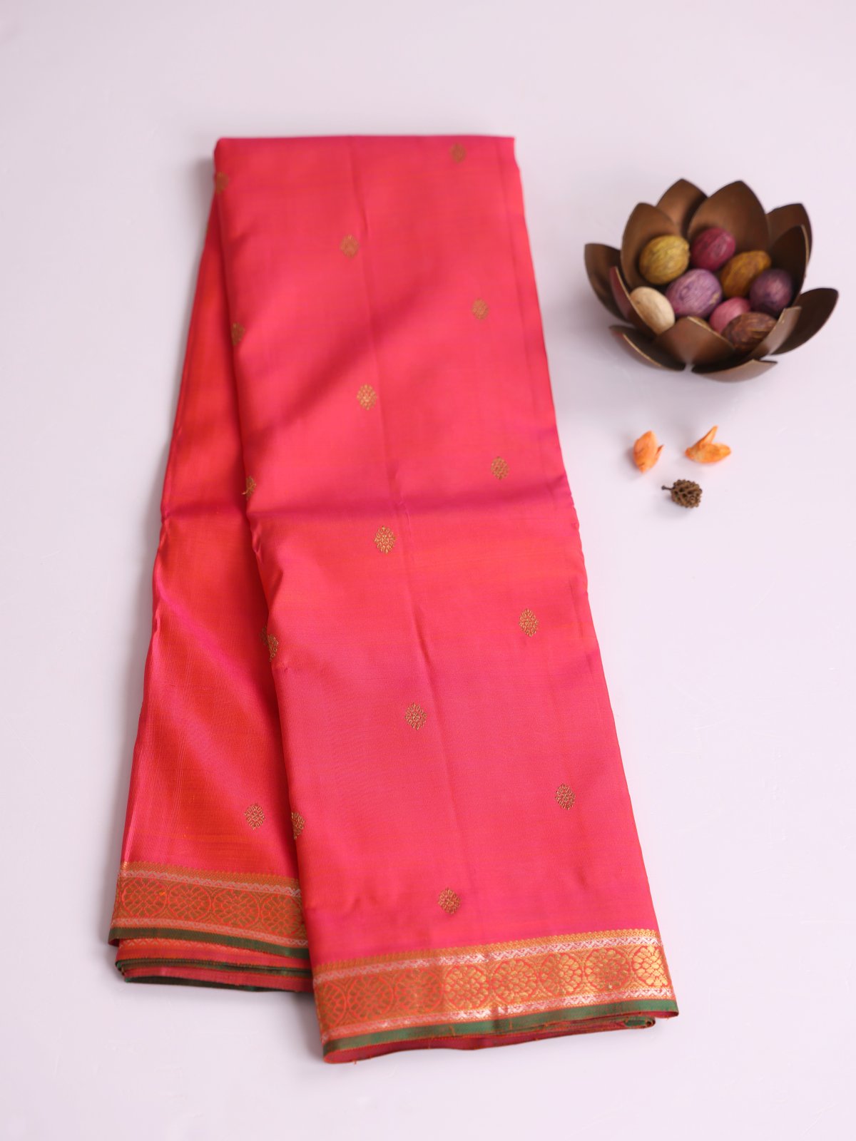 Orangish Pink Kanjeevaram Silk Saree With Zari Border