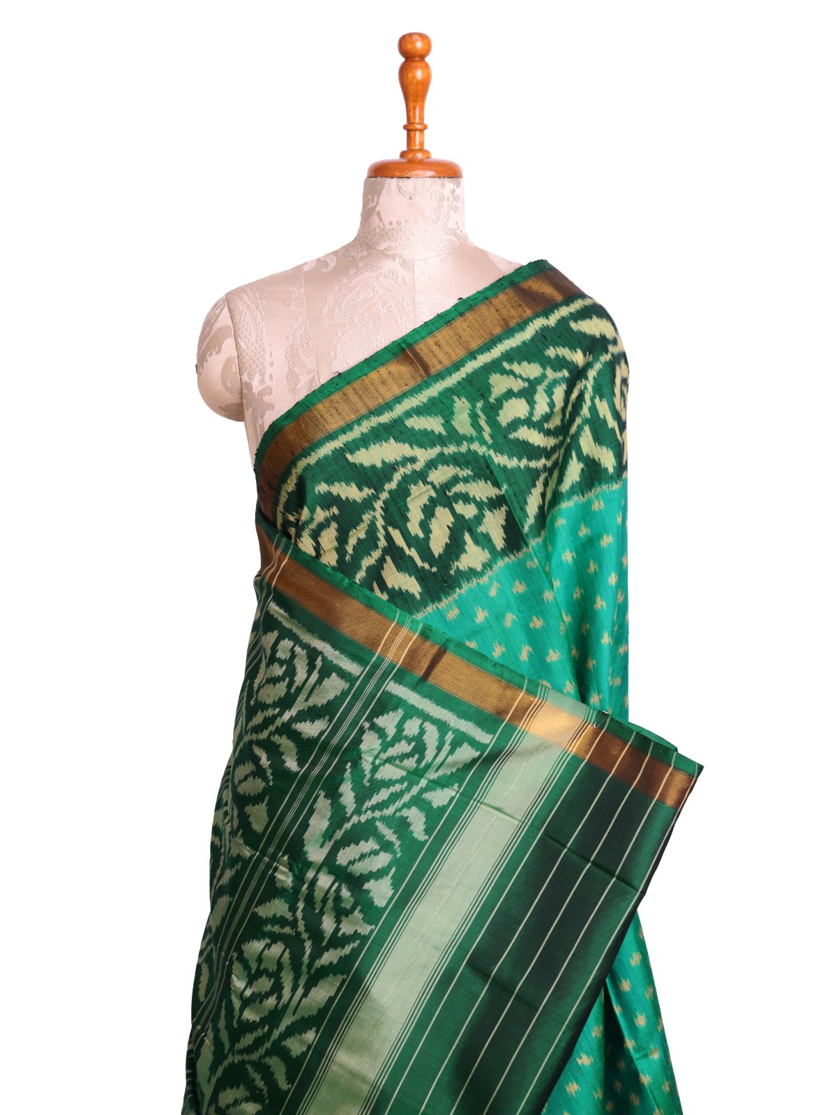 Aqua Green Raw Silk Patola Saree with Dark Green Border 