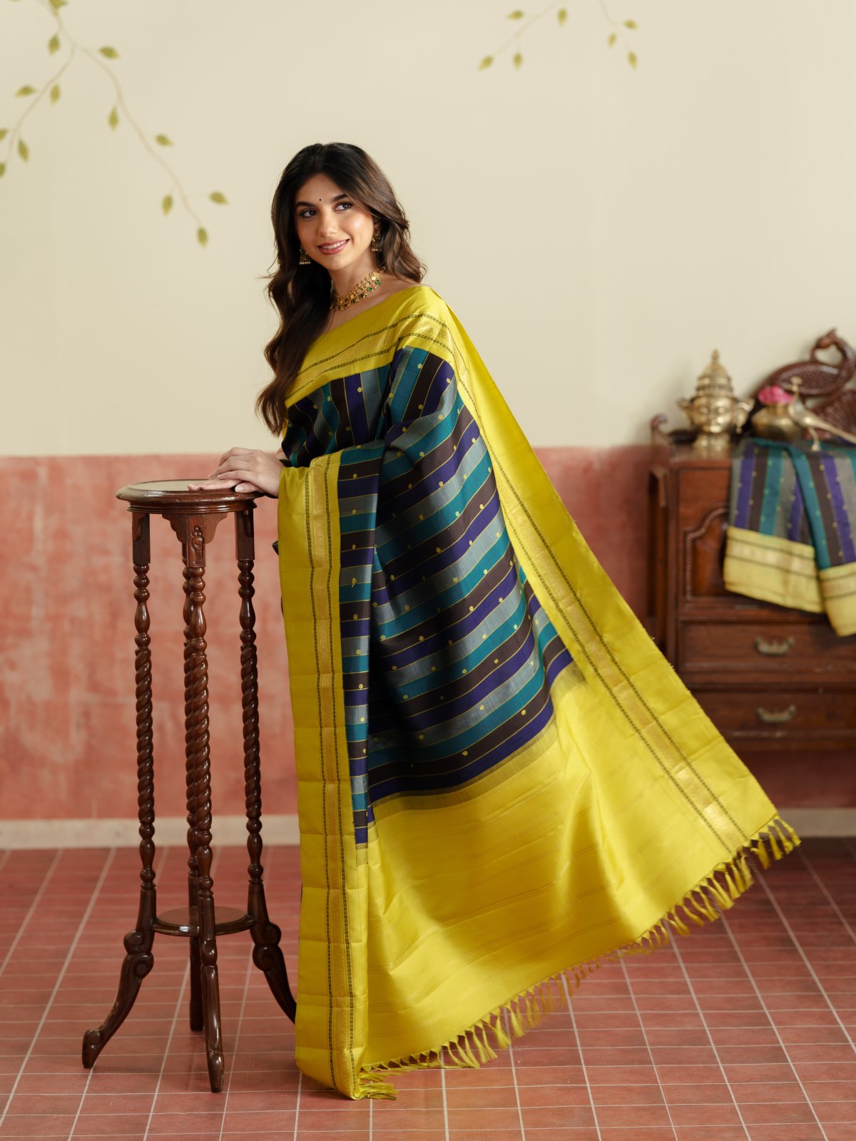 Vintage 104 - Multi Color Striped Kanjeevaram Silk Saree With Lemon Yellow Border