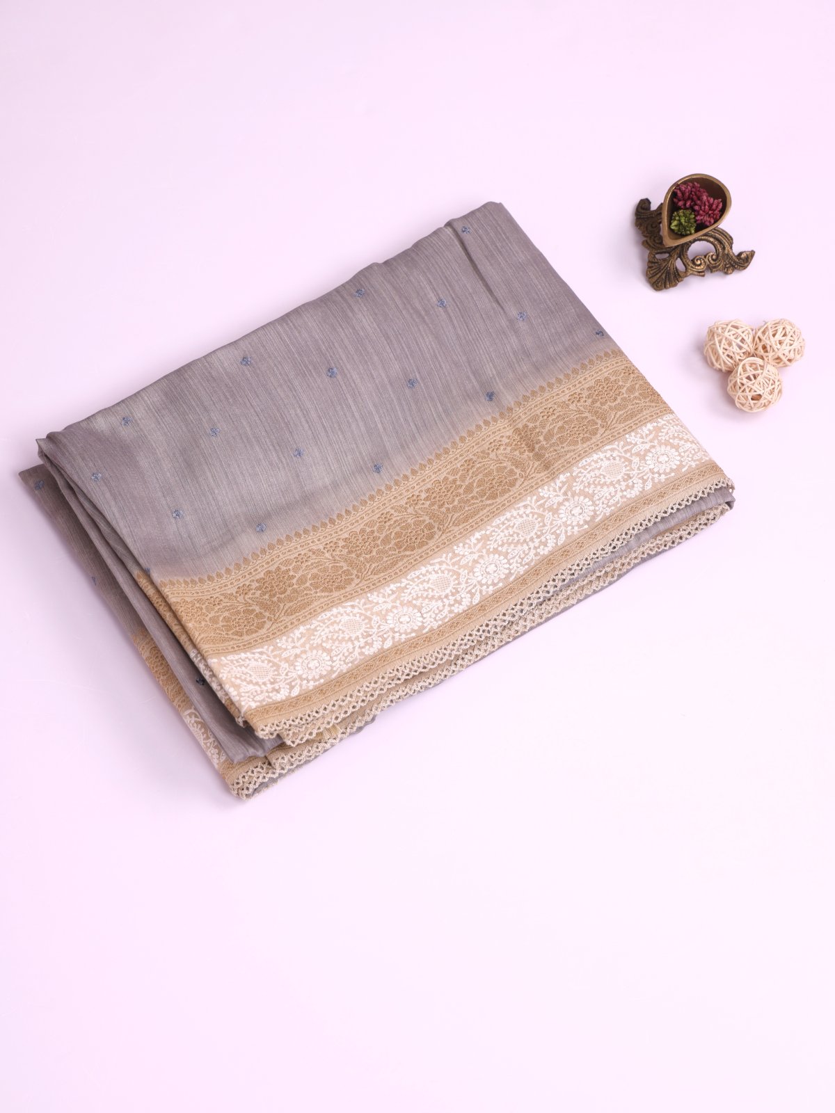 Grey Munga Silk Saree with Cream Embroidered Border