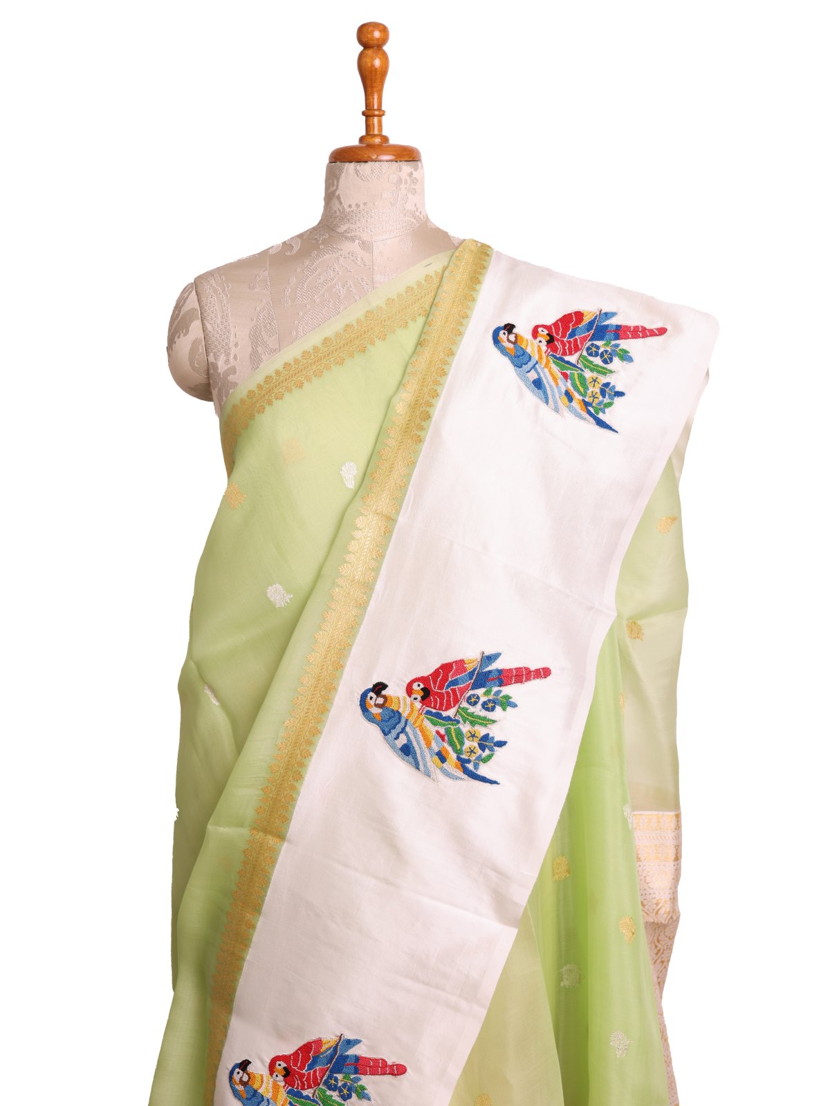 Light Green Banaras Organza Saree With Off White Silk Border