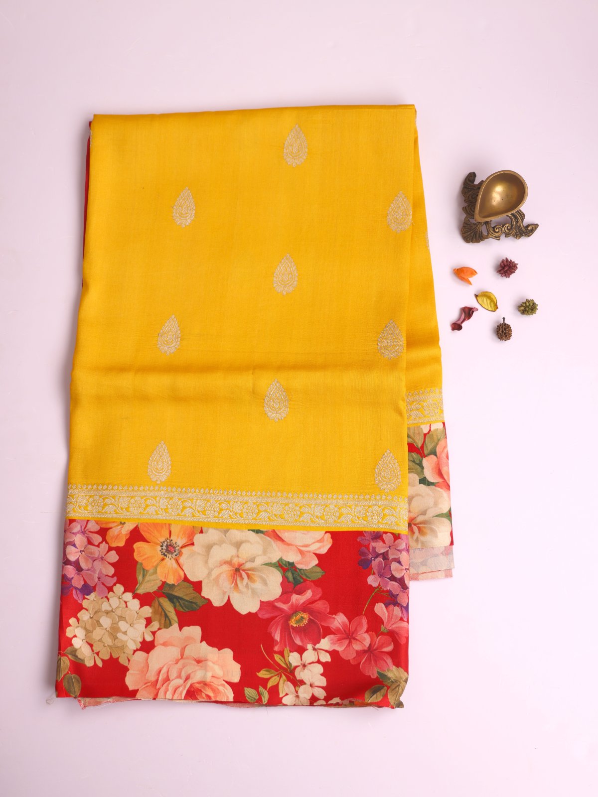 Yellow Banaras Tussar Georgette Silk Saree with Printed Red Satin Border