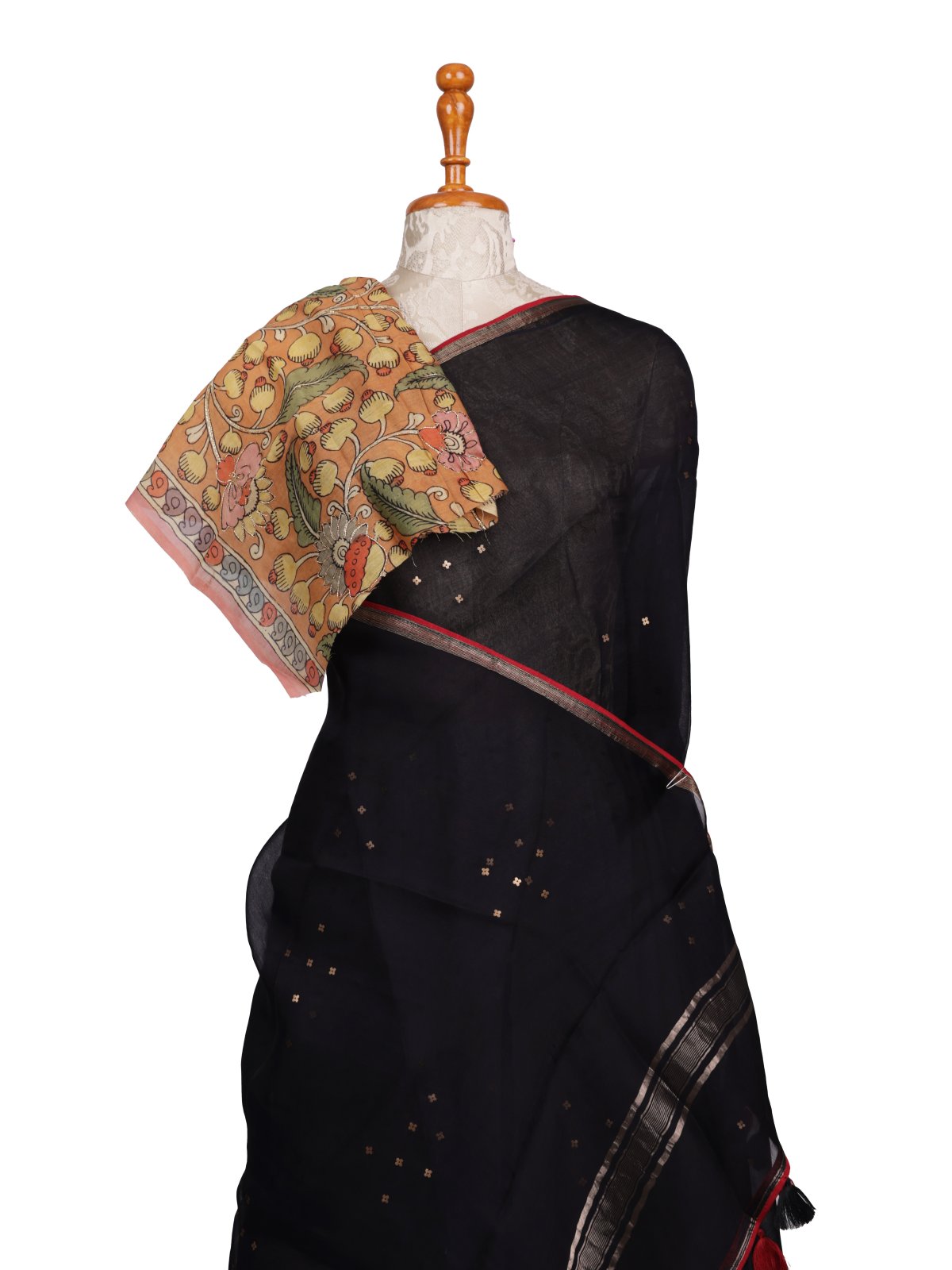 Black Organza Silk Saree With Kalamkari Blouse 