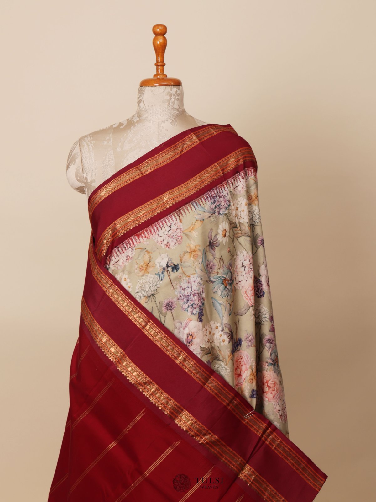 Light Khaki Printed Kanjeevaram Silk Saree