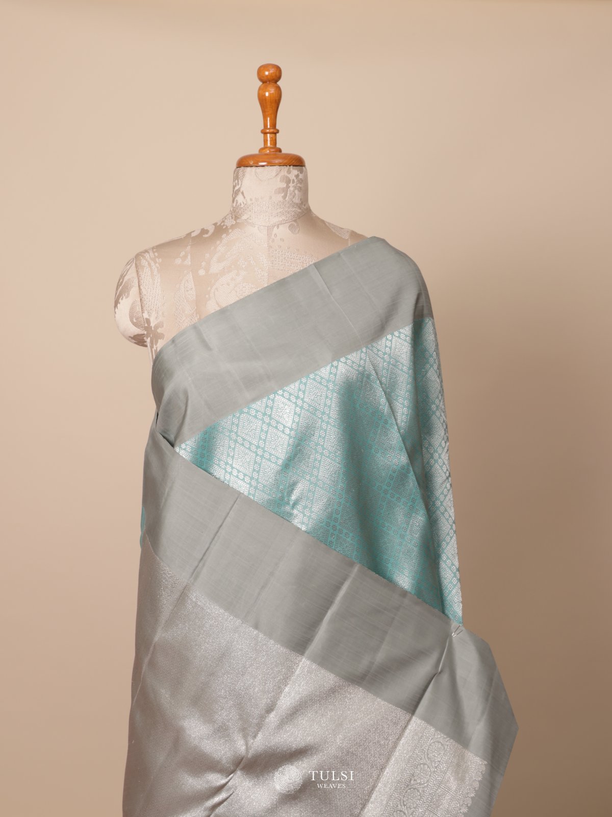  Light Blue Kanjeevaram Silk Saree With Gray Border