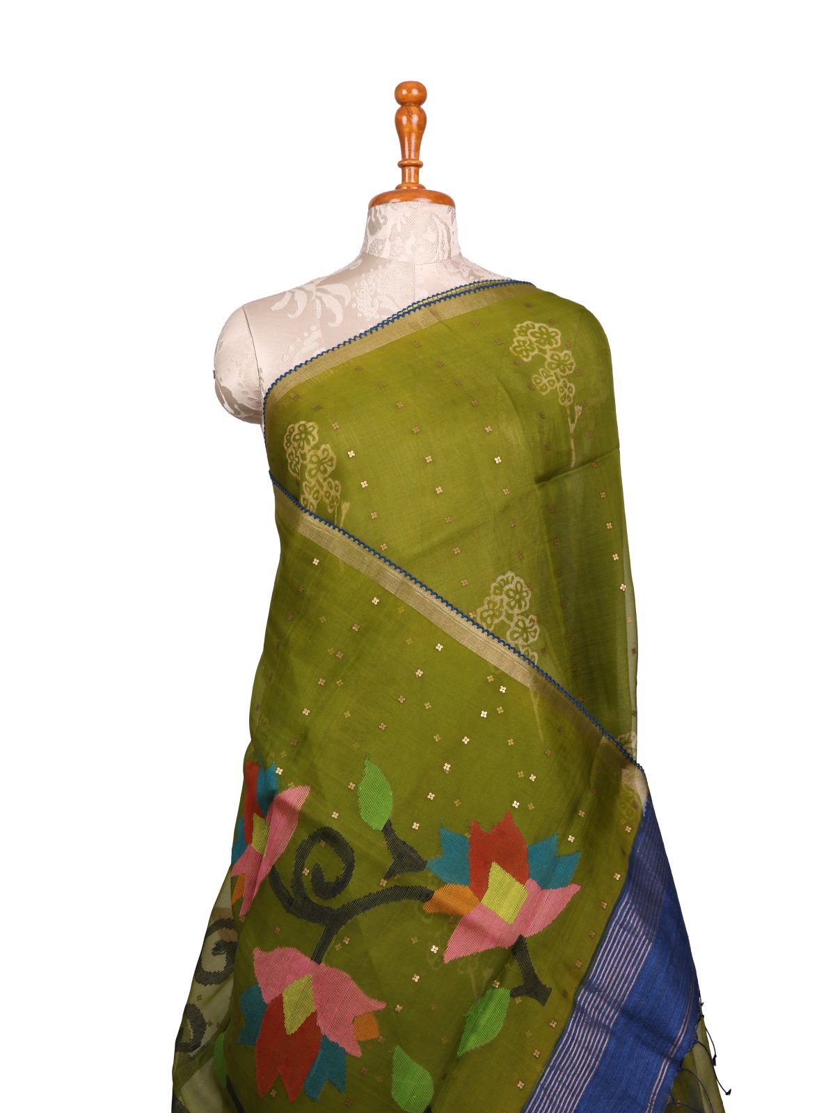 Mehndi Green Printed Organza Silk Saree With Jamdani Pallu