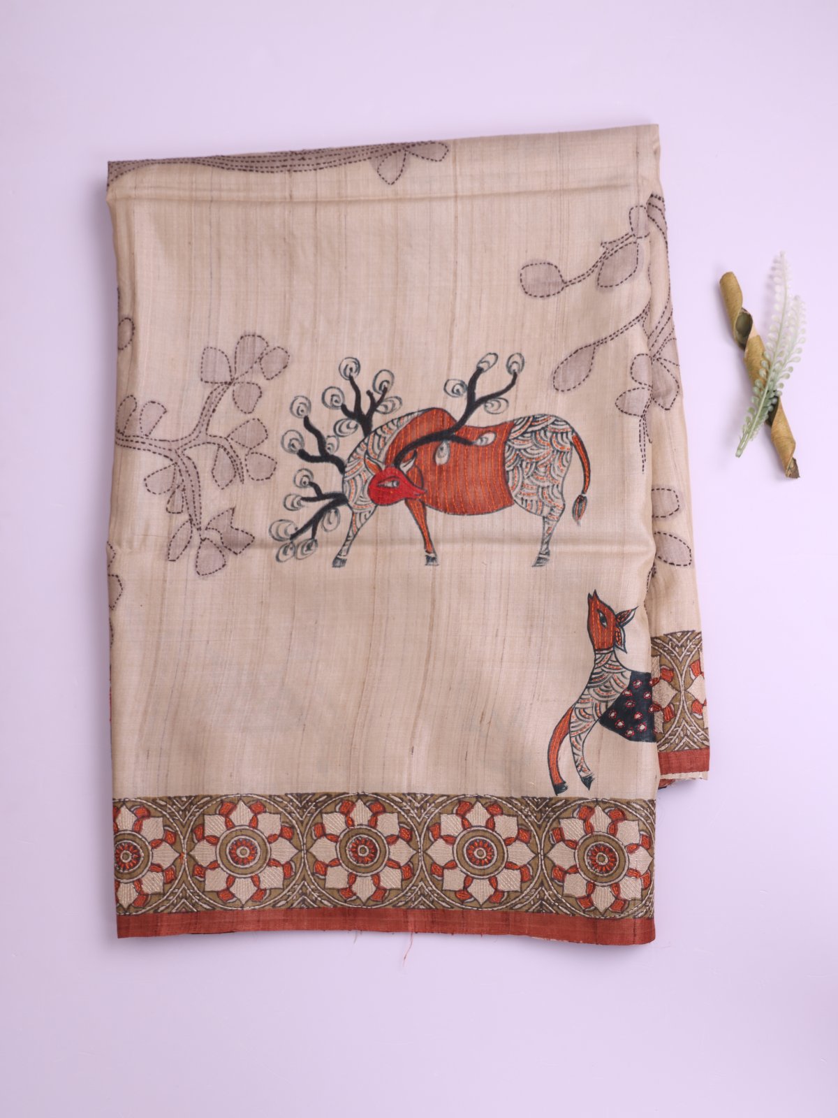 Beige Tussar Silk Saree with Kantha Embroidery 