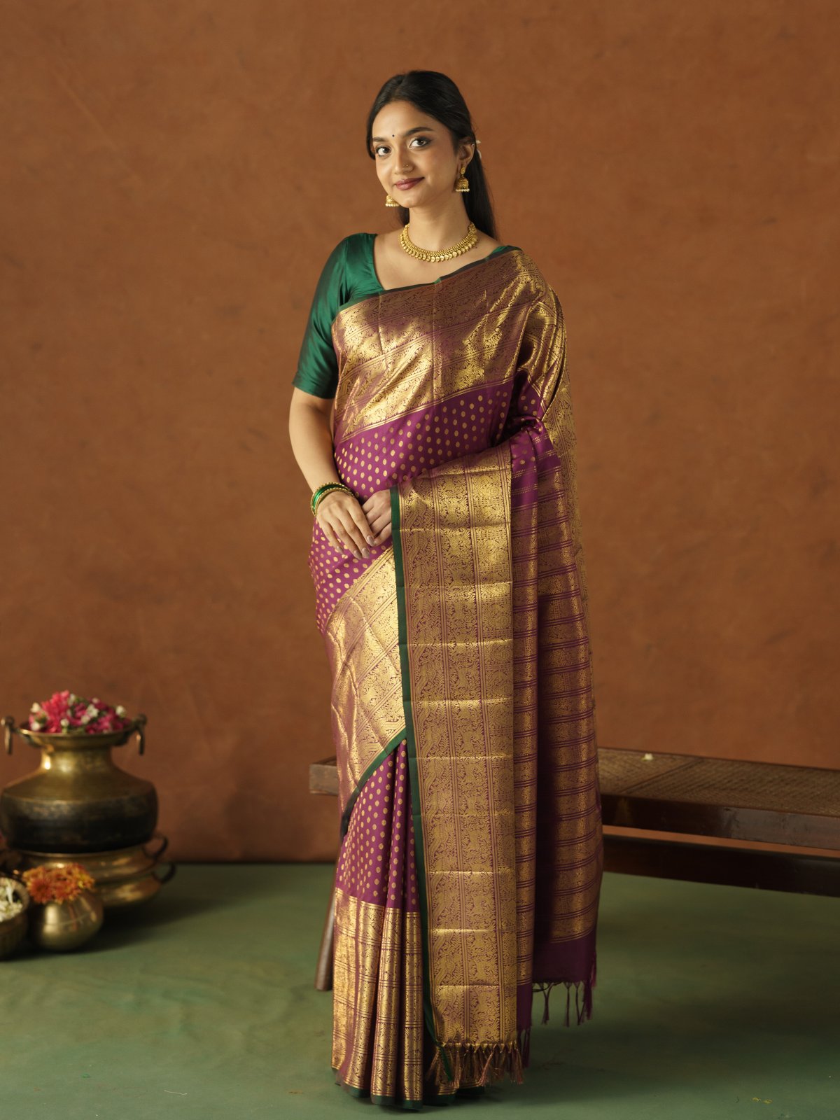 Burgundy Kanjeevaram Silk Saree with Zari Border