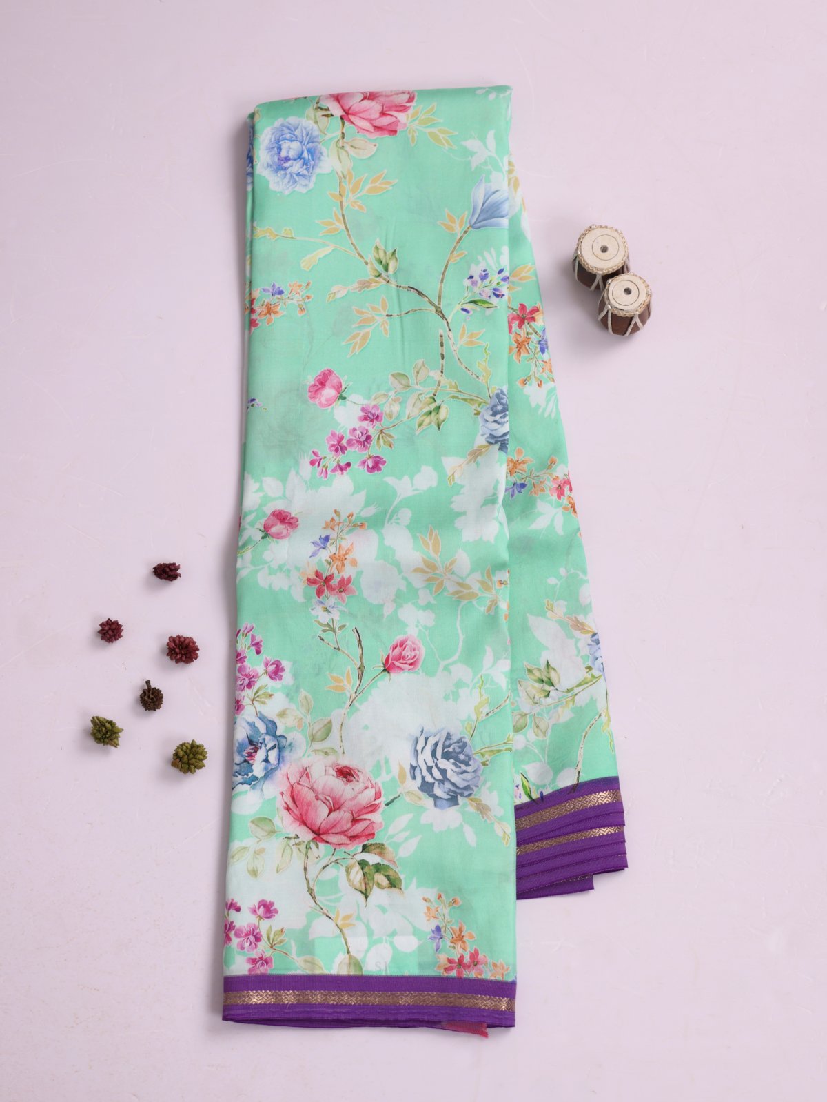 Light rexona Green Printed Kanjeevaram Silk Saree With Violet Border
