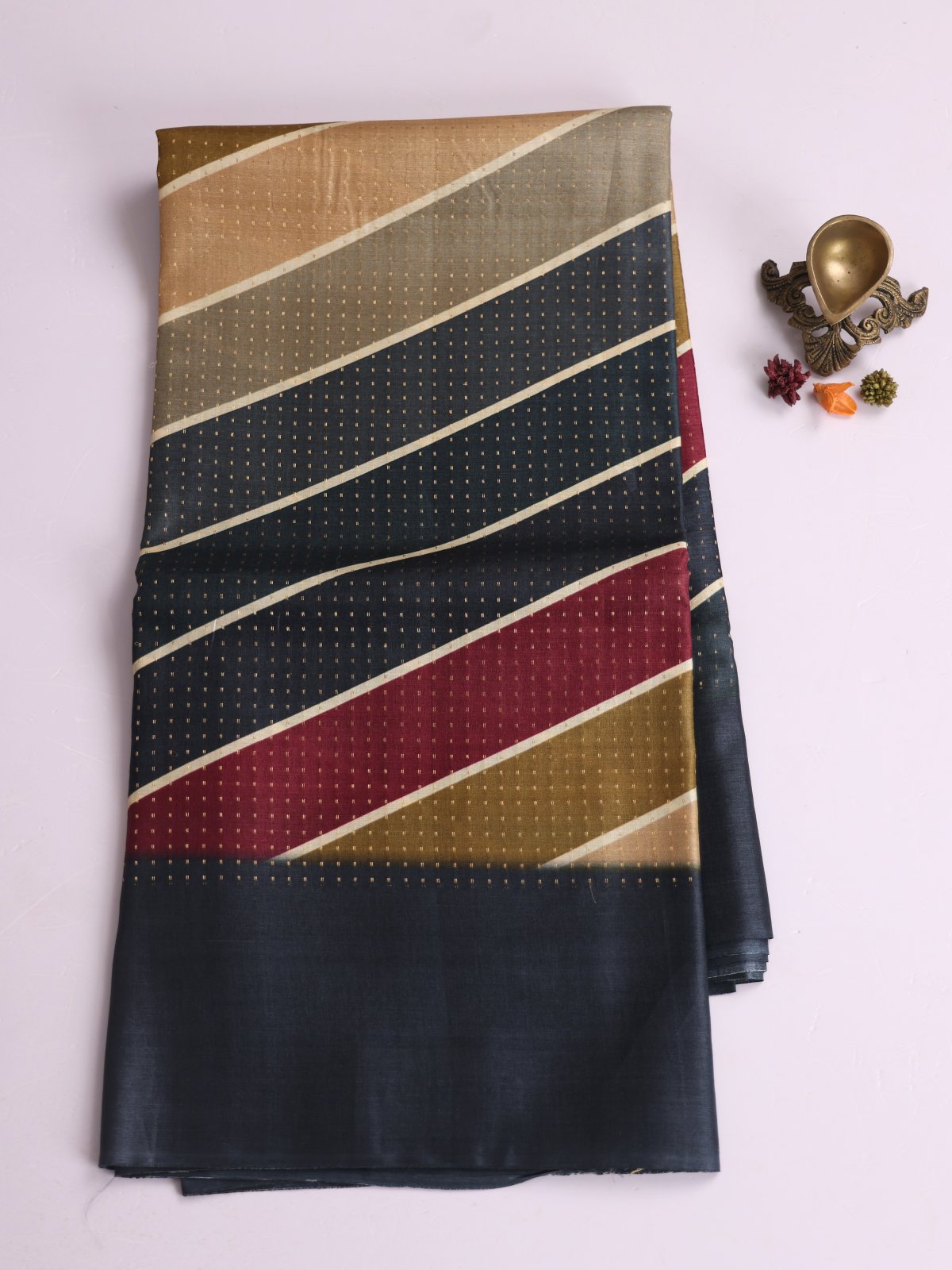 Multi Color Printed Tussar Silk Saree With Dark Bluish Grey Border 