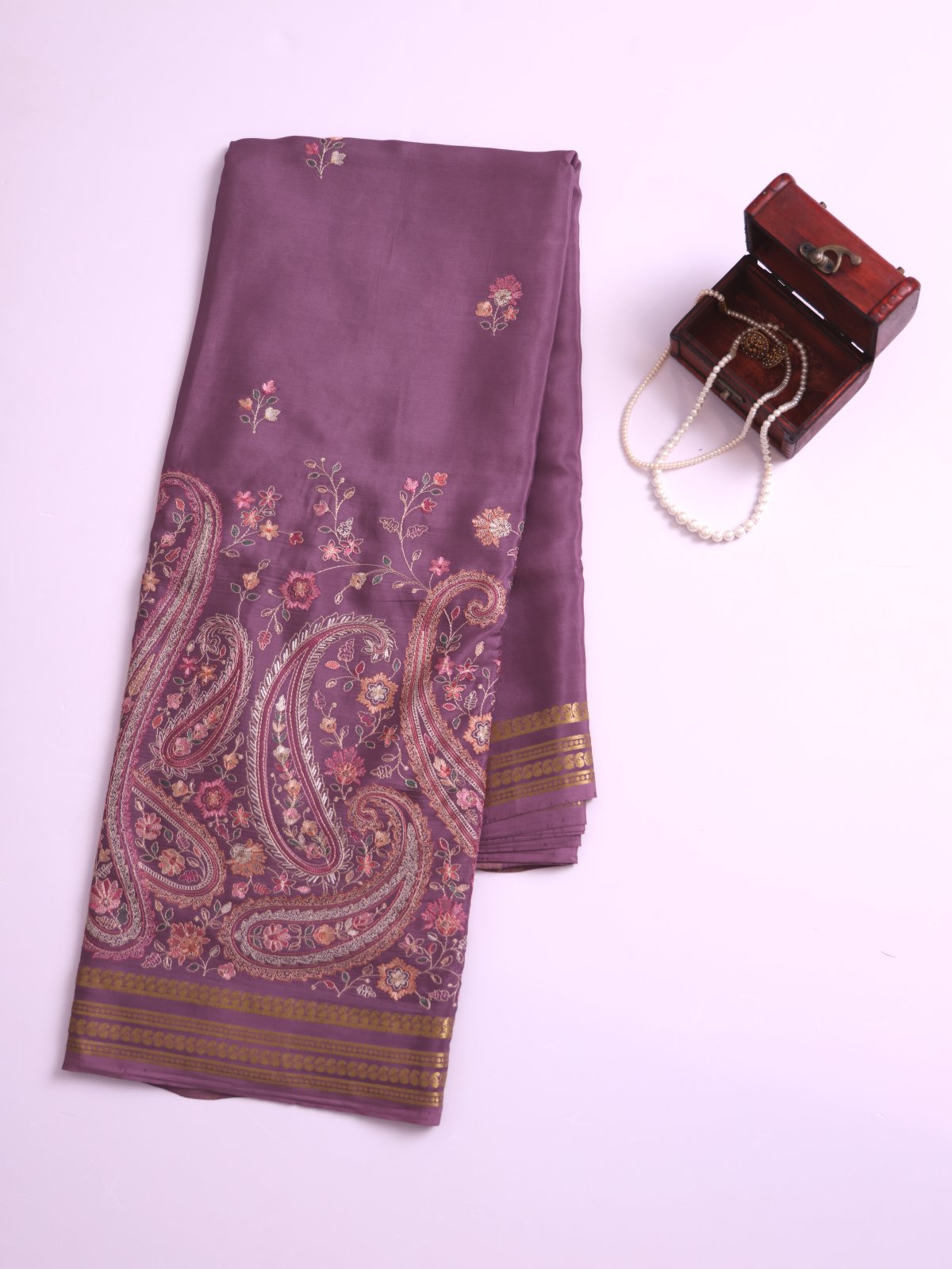 Lilac Embroidered Mysore Crepe Silk Saree