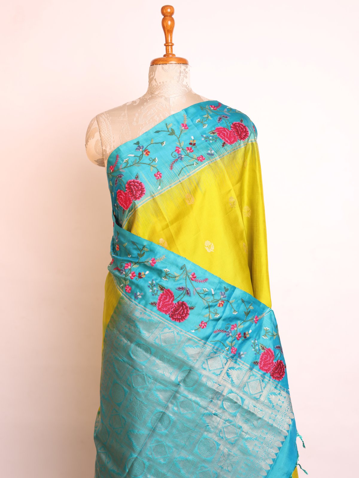 Lime Green Soft Silk Saree With Cross Stitch Embroidered Border		