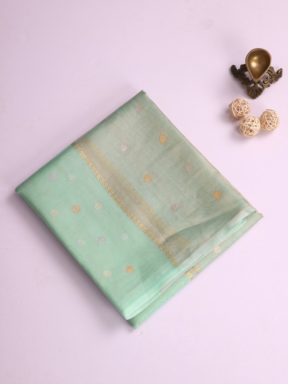 Pastel Green Zari Striped Tissue Organza Silk Saree
