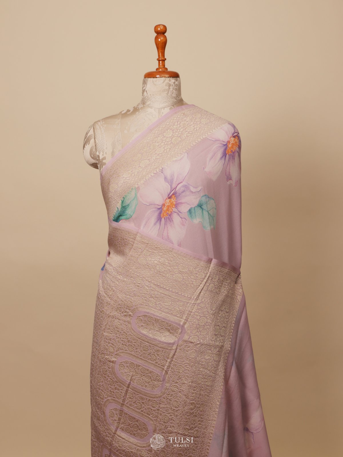 Lilac Floral Printed Georgette Silk Saree With Woven Border 