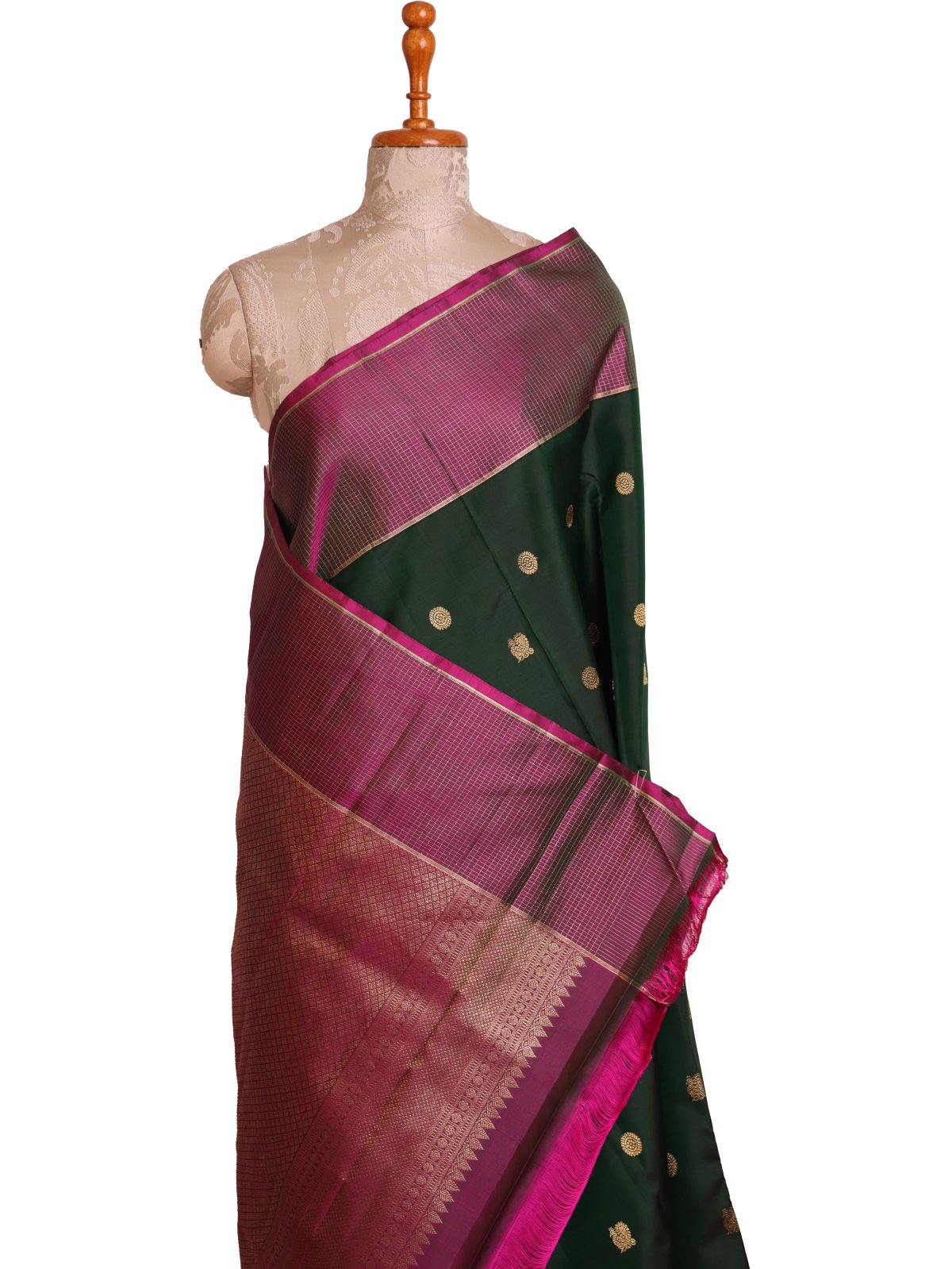 Dark Green Kanjeevarm Silk Saree With Zari Checked Border