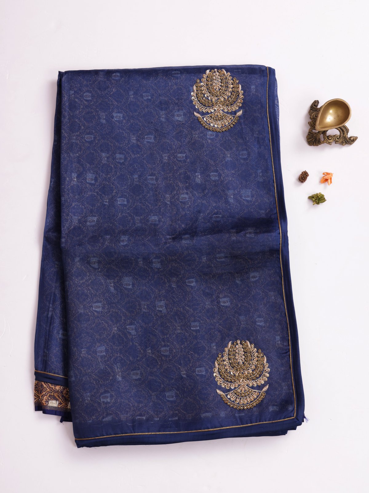 Navy Blue Embroidered Organza Silk Saree