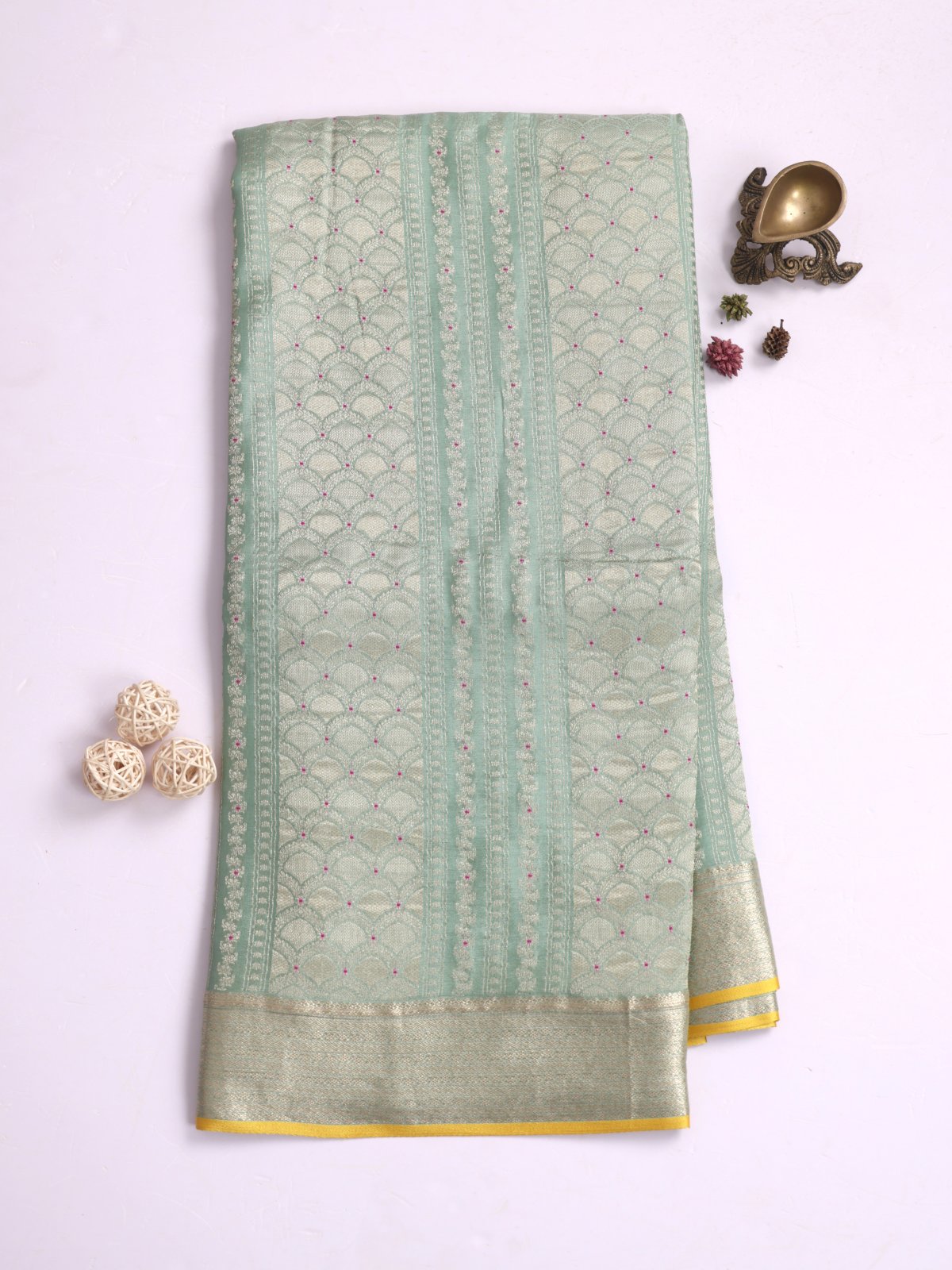 Dusty Green Banaras Crepe Silk Saree