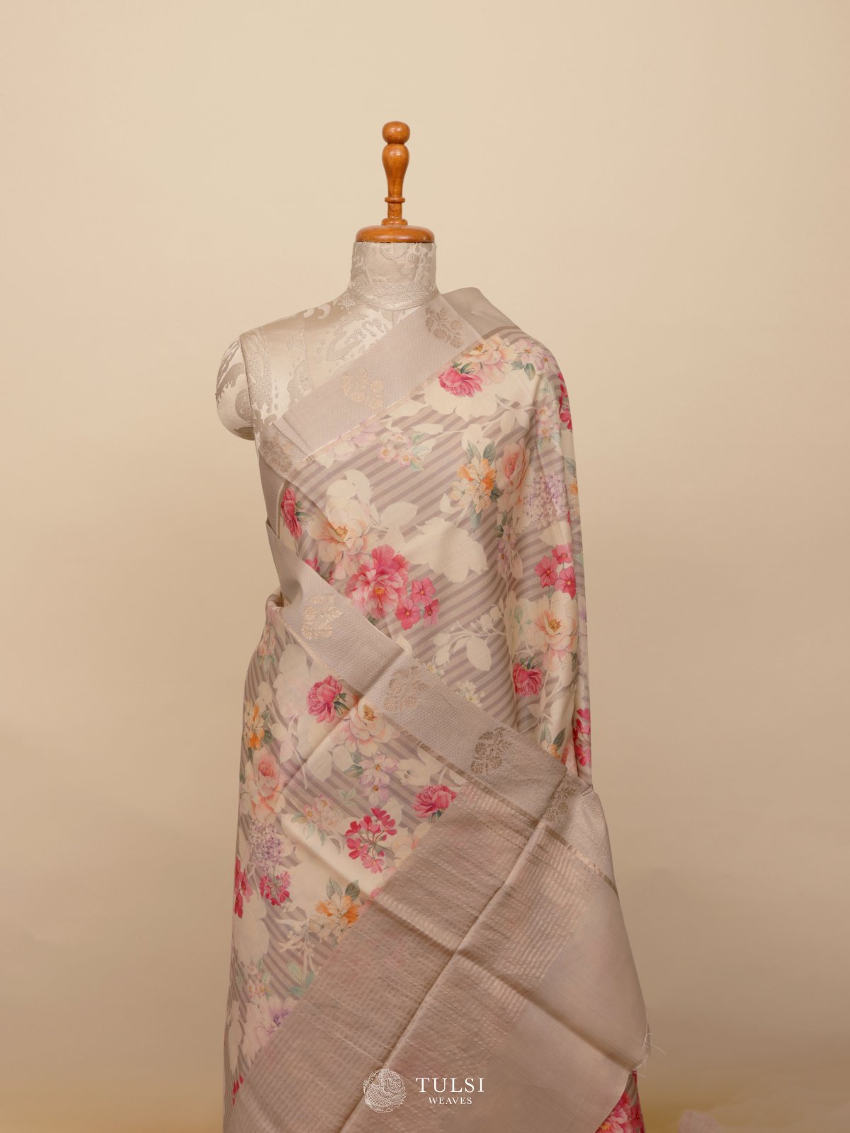 Grey Printed Tussar Silk Saree