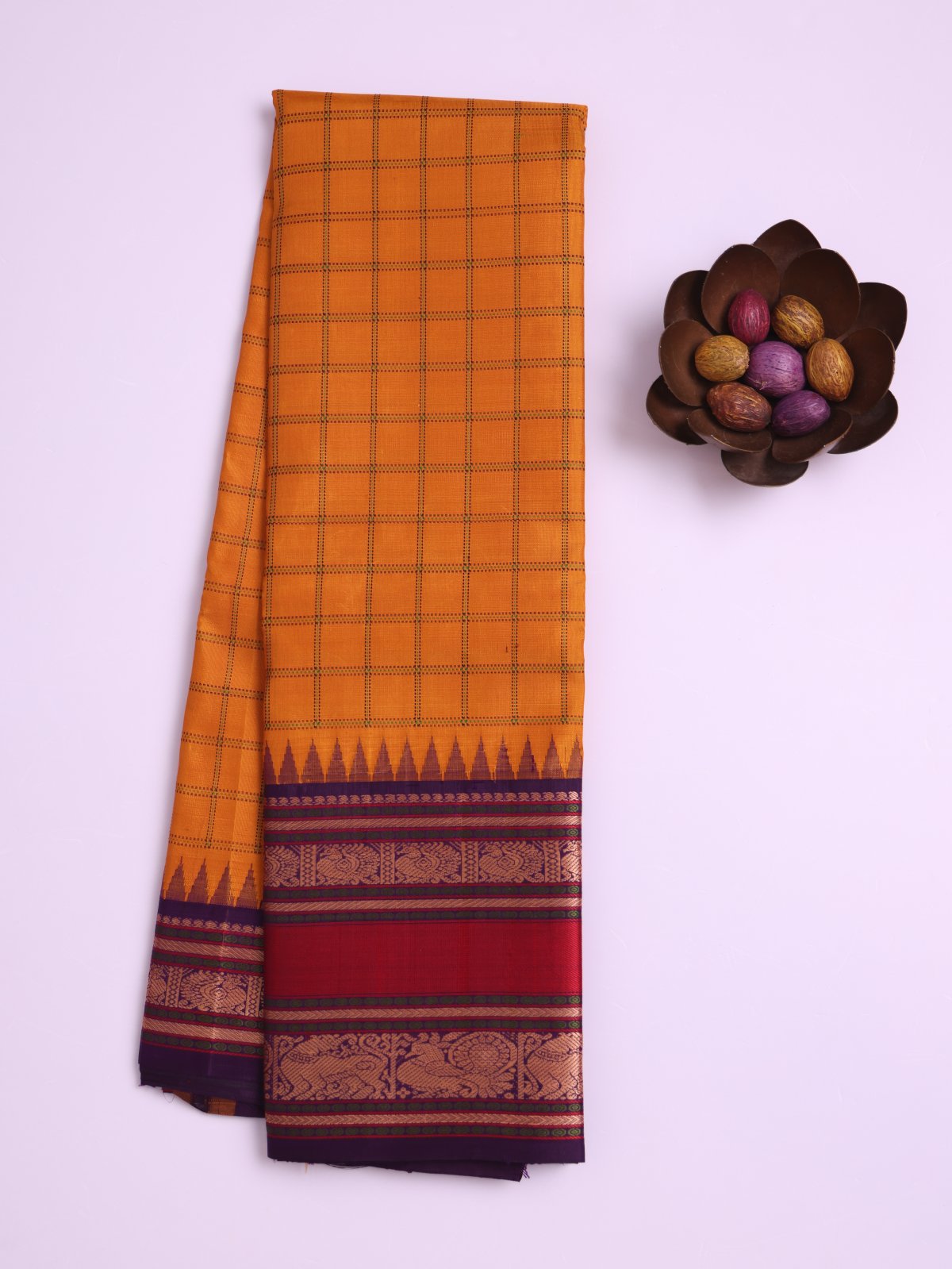 Mustard Yellow Checked Kanjeevaram Pattu Pettu Silk Saree With Purple Border