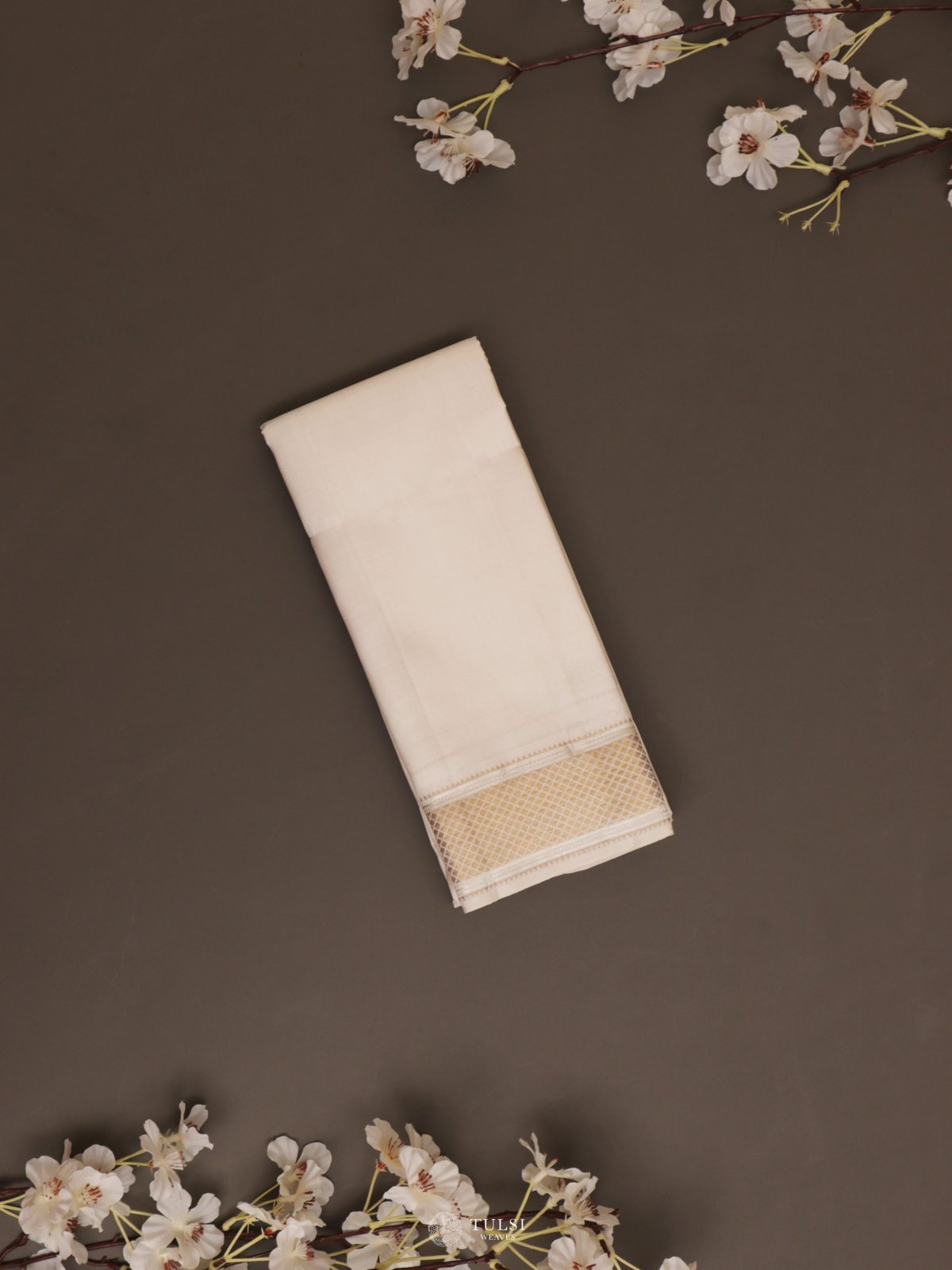 White Silk Dhoti With Zari Border