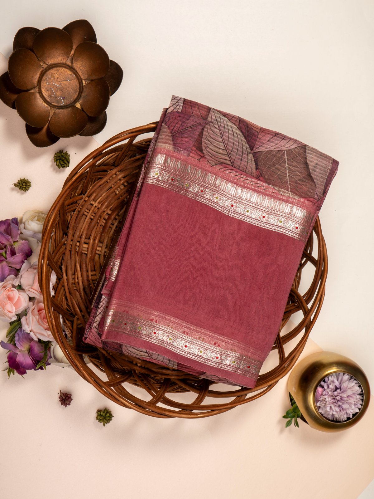 Dark Pink Floral Printed Organza Silk Saree