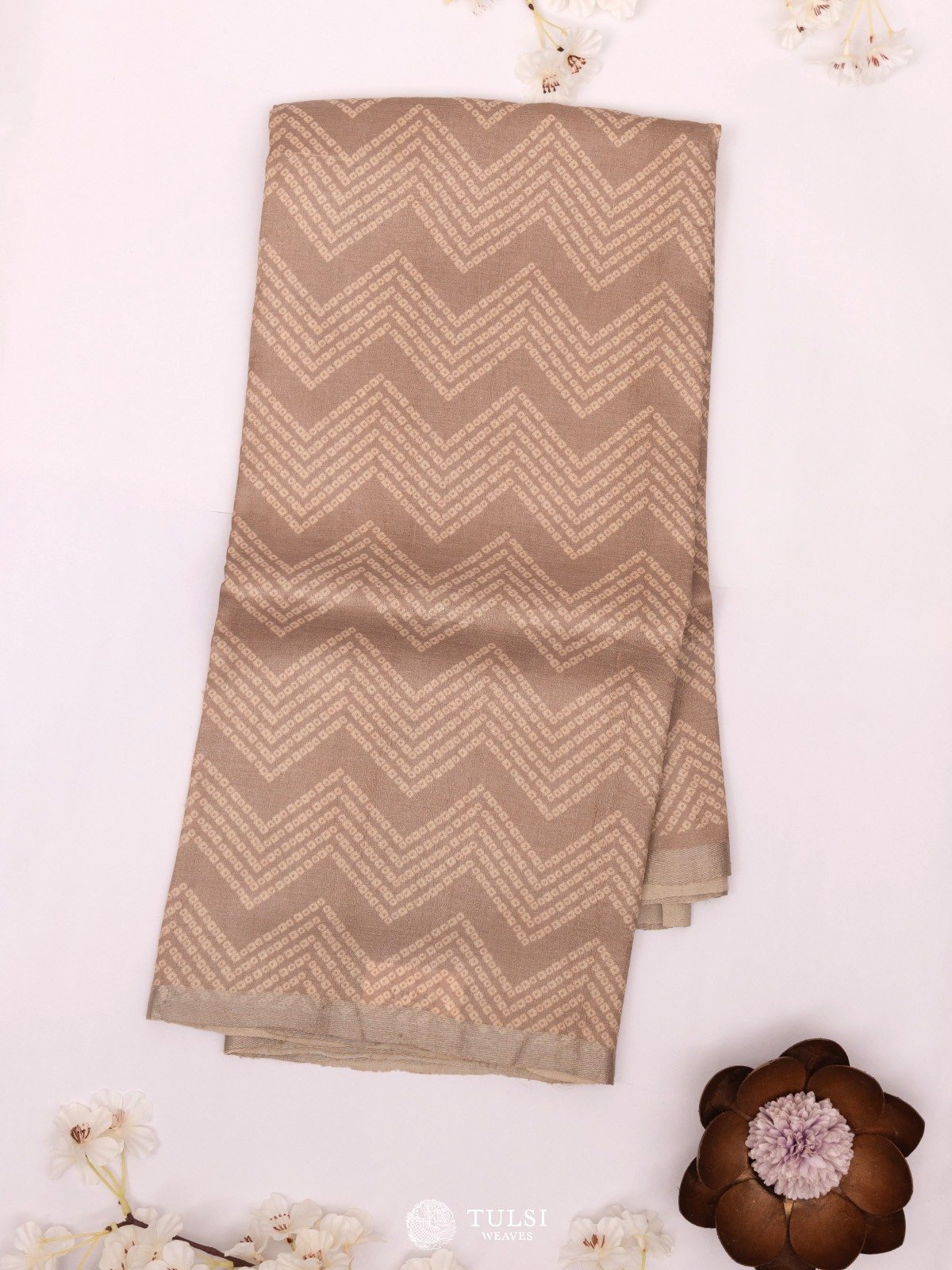 Light Brown Tussar Silk Saree with Bandhini Print