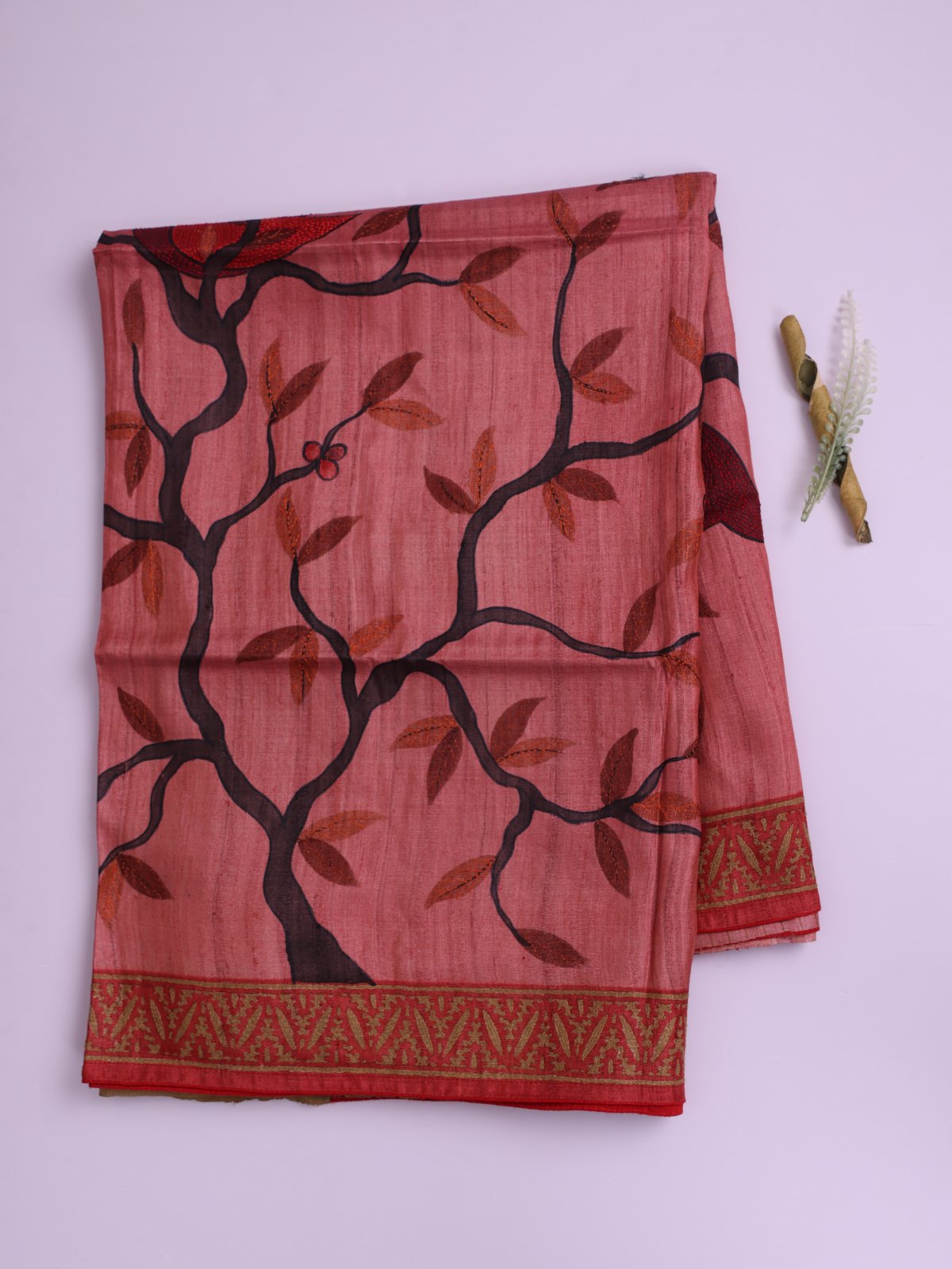 Coral Pink Tussar Silk Saree with Kantha Embroidery