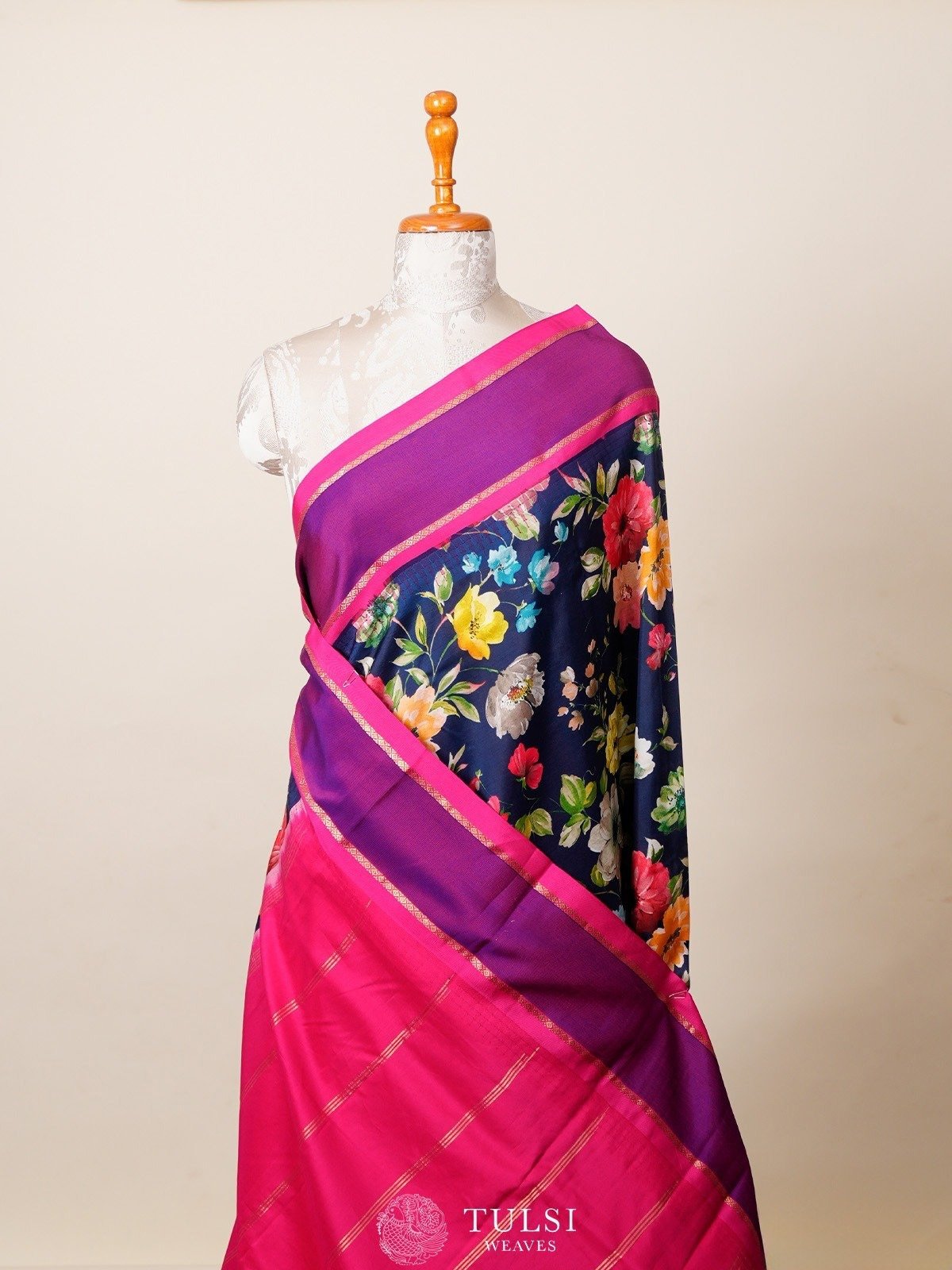 Dark Blue Printed Kanjeevaram Silk Saree