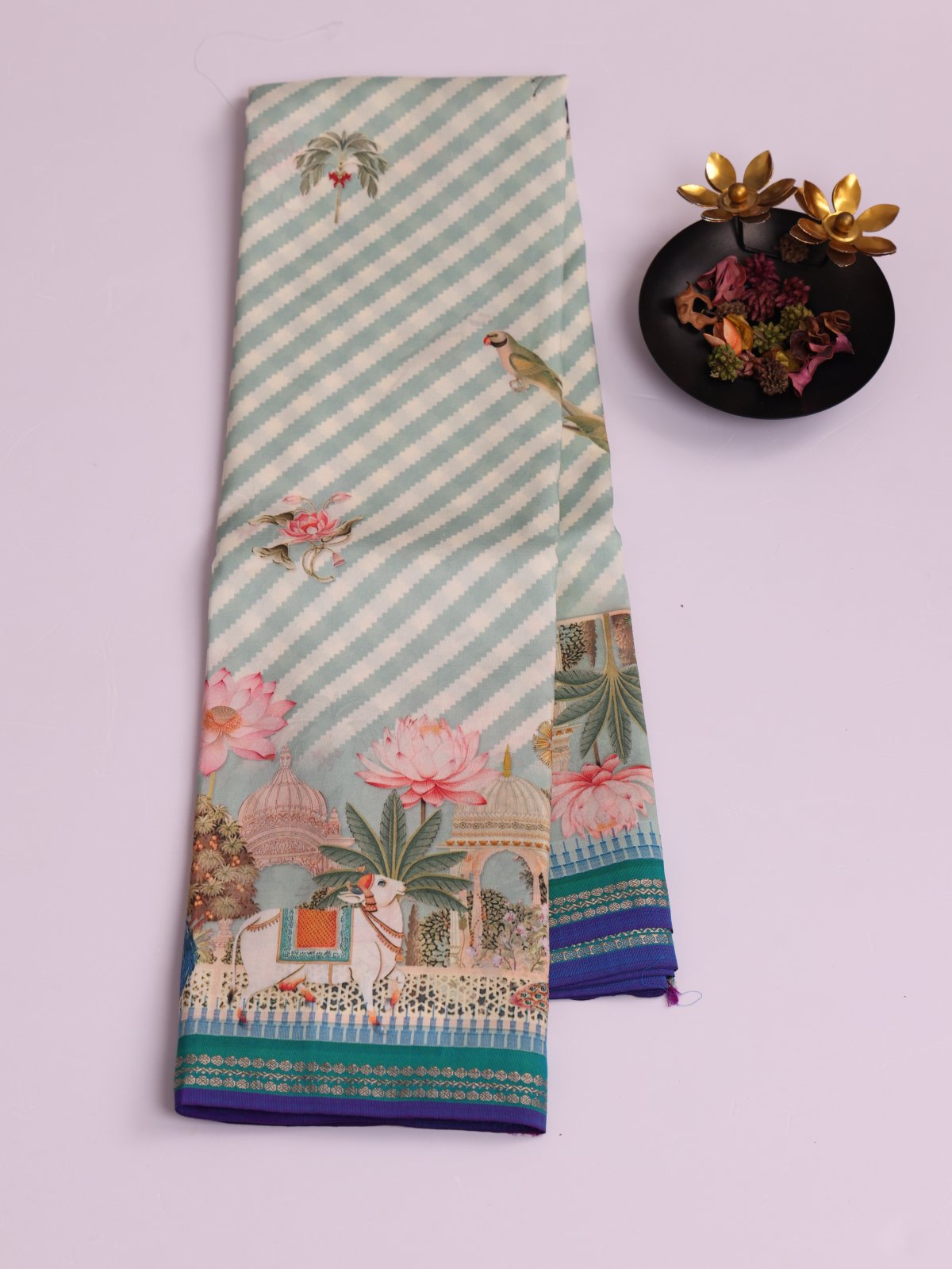 Light Bluish Green Printed Kanjeevaram Silk Saree With Peacock Green Border