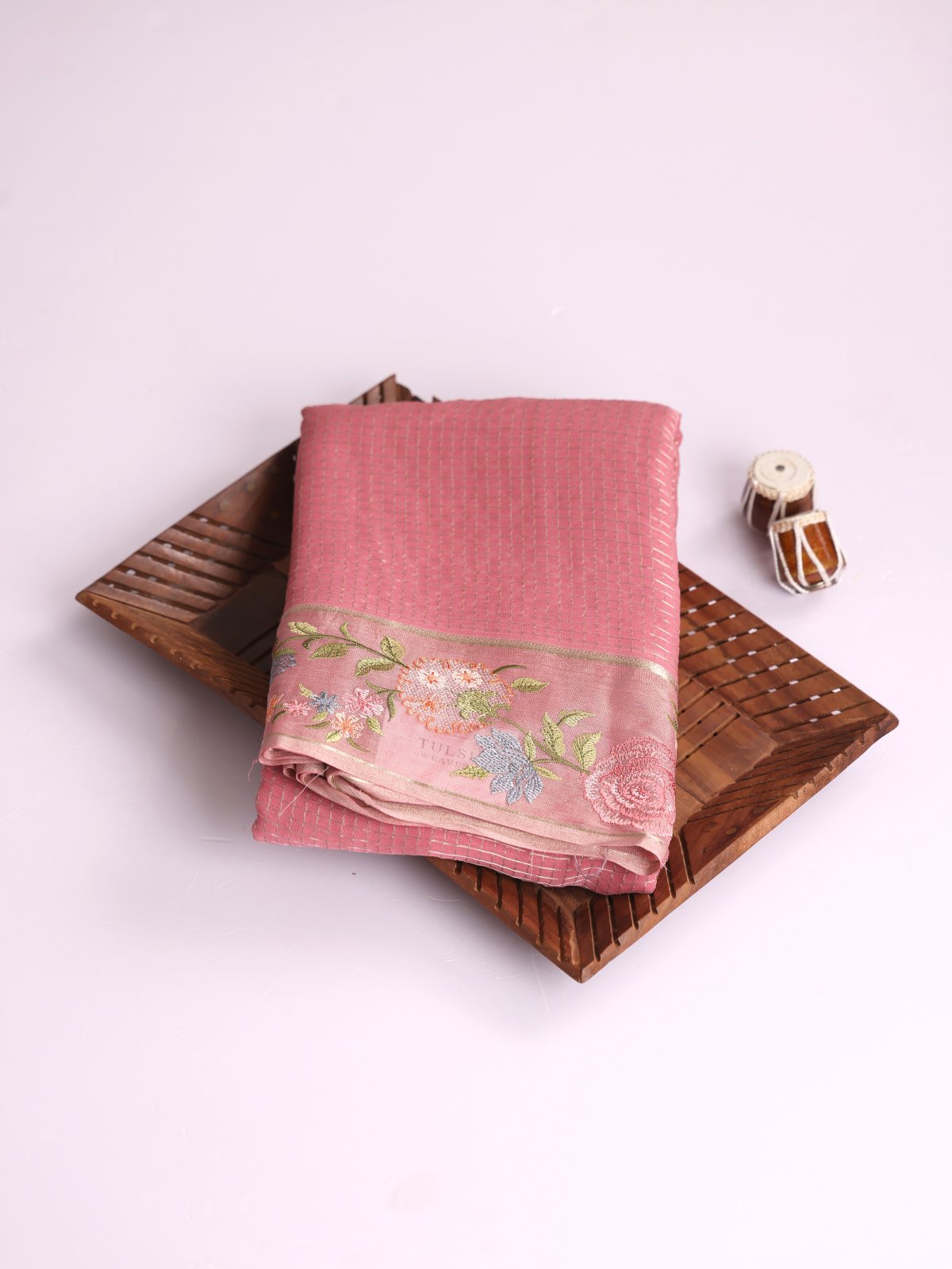 Pink Zari Checked Georgette Silk Saree With Embroidered Border