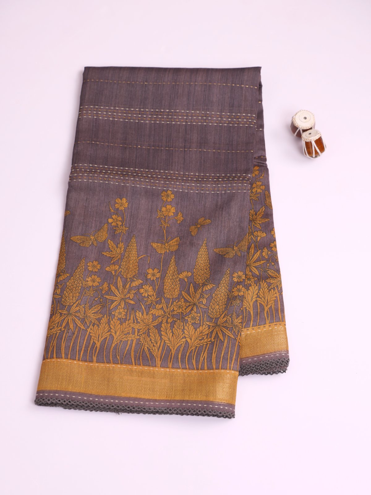 Greyish Brown Printed Munga Silk Saree With Kantha Embroidery 