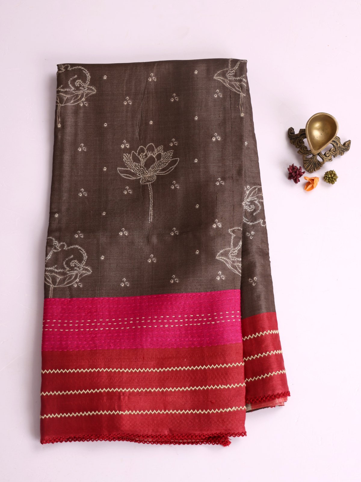 Greyish Brown Printed Tussar Silk Saree With Red Embroidered Border