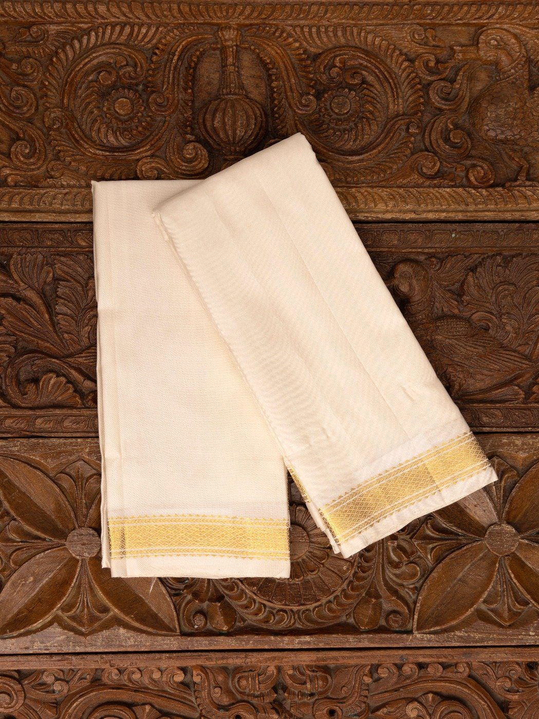 White Silk Dhoti and Vasthram With Gold Self Zari Border