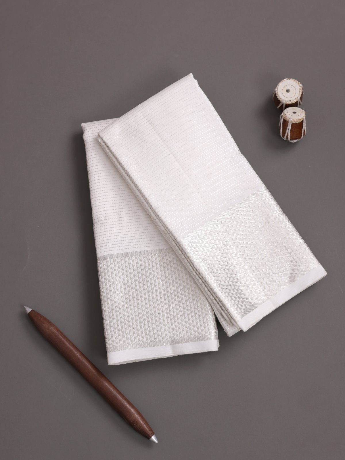 White Zari Striped Silk Dhoti And Vasthram With Zari Border