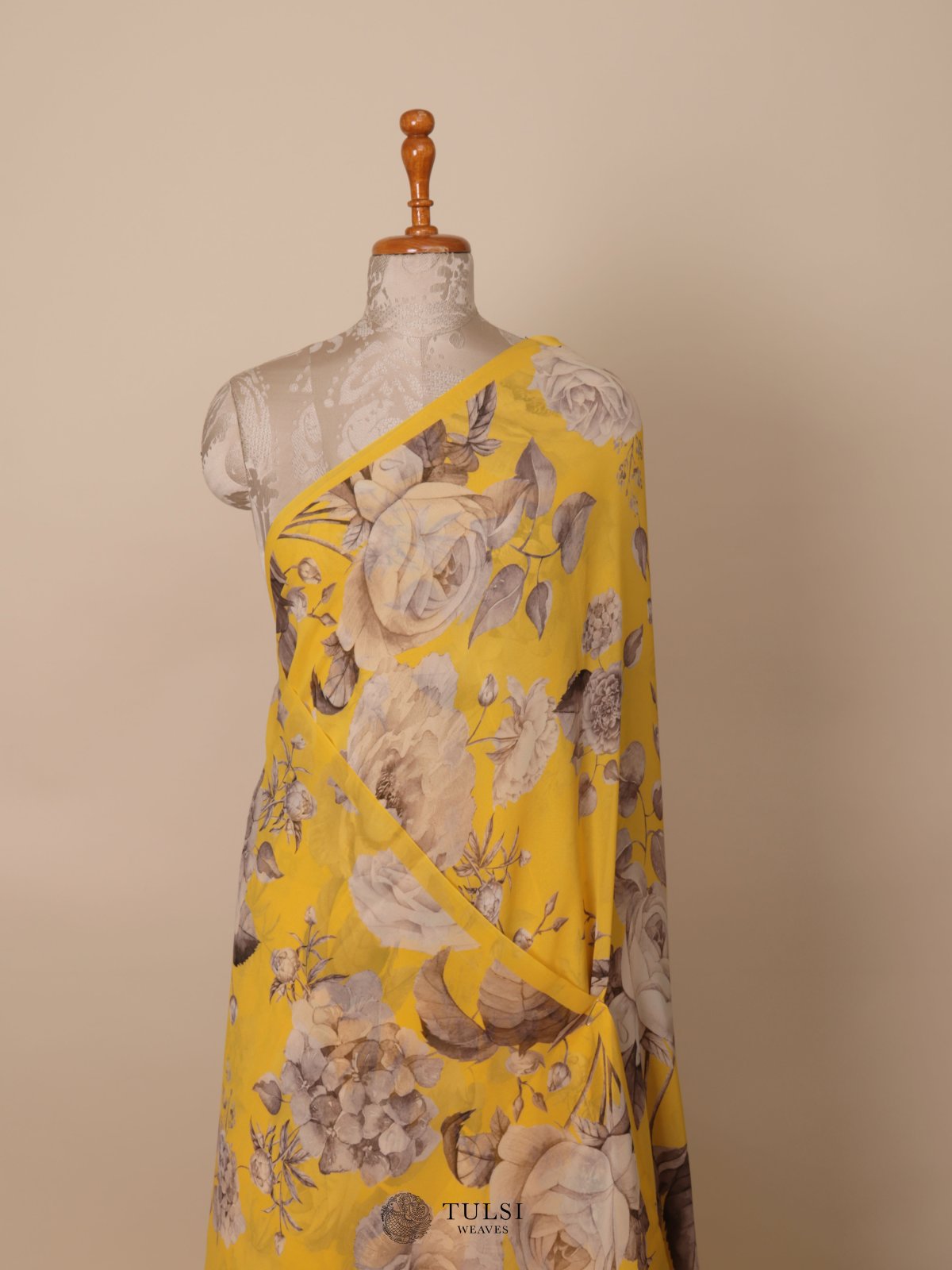 Yellow Floral Printed Georgette Silk Saree