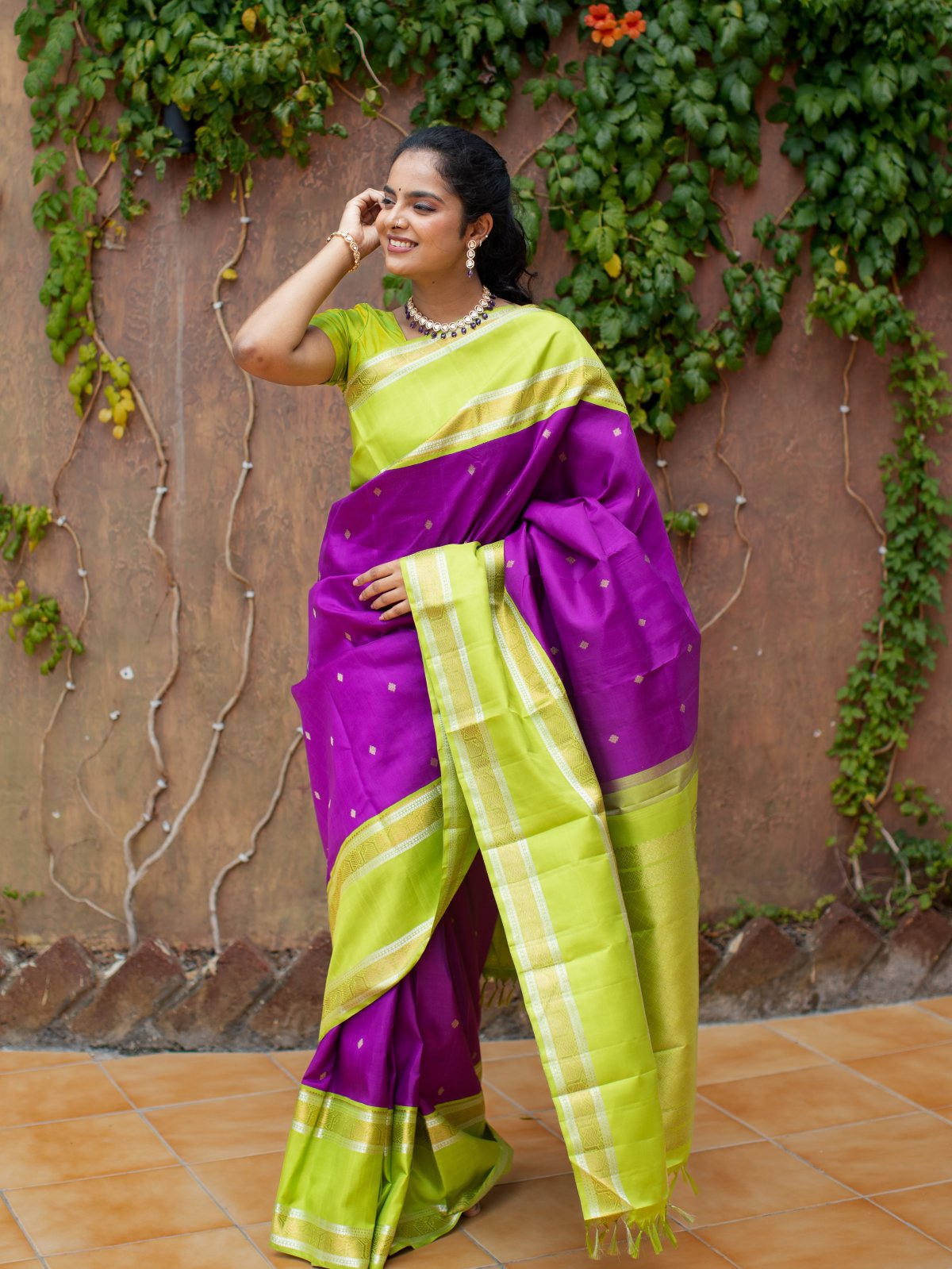 Purple Kanjeevaram Silk Saree With Green Border