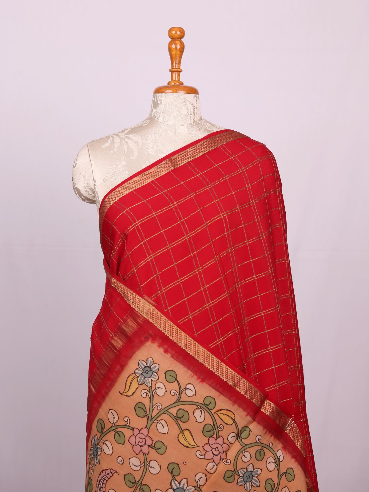 Red Checked Mysore Crepe Silk Saree With Kalamkari Blouse And Pallu