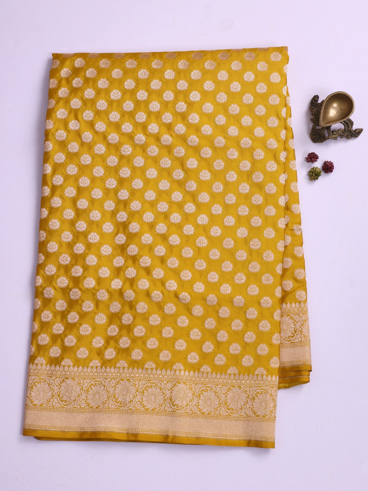 Mustard Yellow Banaras Silk Saree With Zari Border