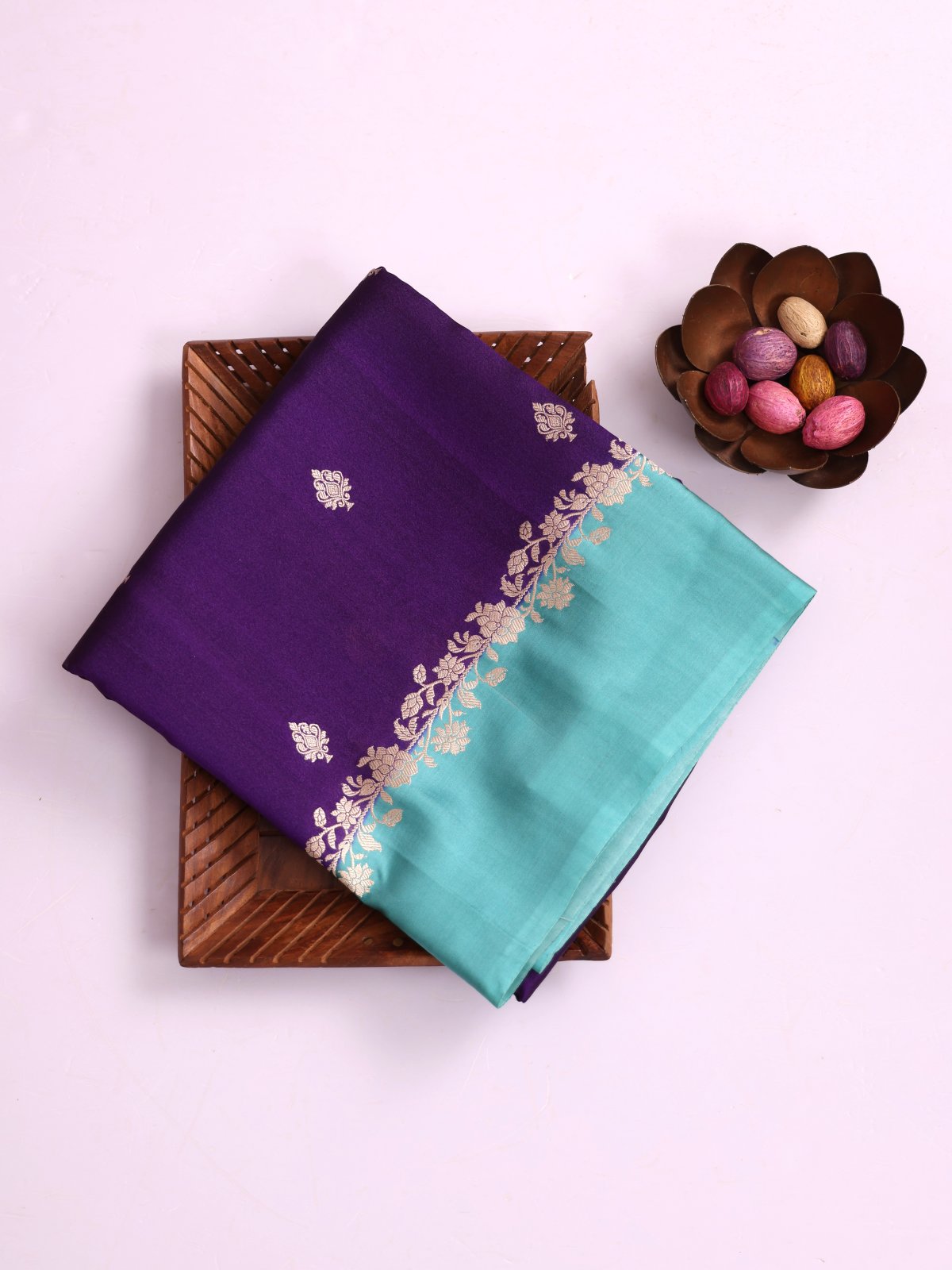 Violet Tussar Organza Saree With Light Blue Satin Border