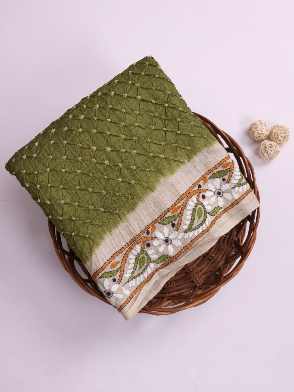 Mehndi Green Bandhini Tussar Silk Saree With Embroidered Border