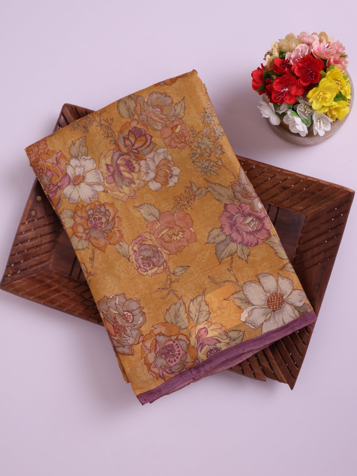 Mustard Printed Tussar Silk Saree