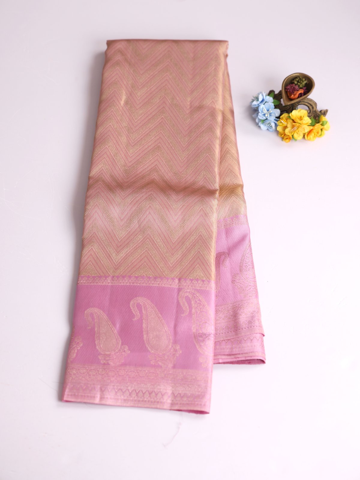 Pastel Pink Tissue Brocade Kanjeevaram Silk Saree With Dusty Lavender Border