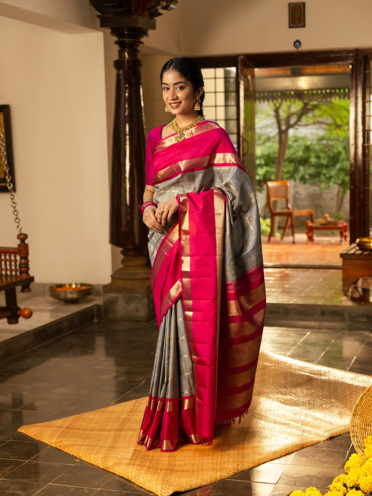 Grey Checked Kanjeevaram Silk Saree with Korvai Border 