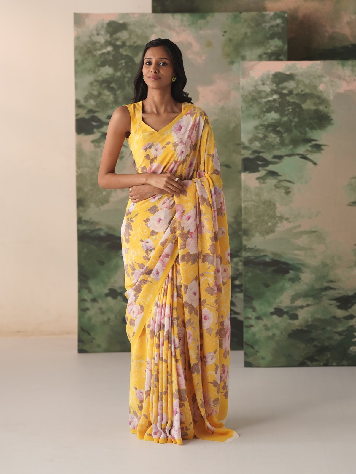 Yellow Printed Crepe Silk Saree