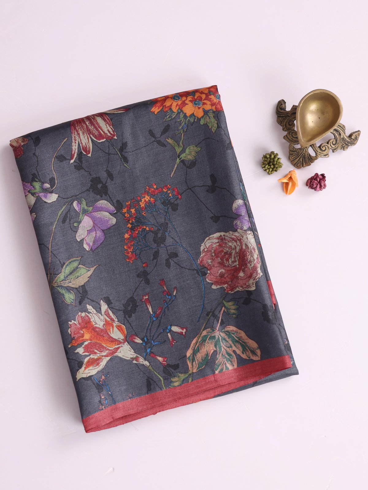 Dark Grey Printed Tussar Silk Saree