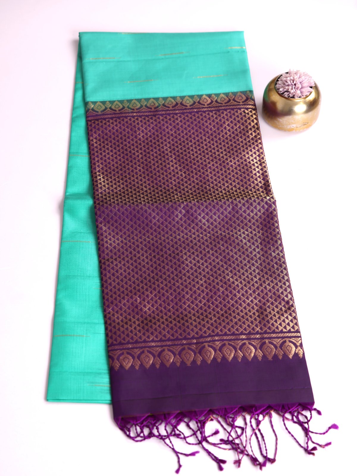 Turquoise Soft Silk Saree With Violet Zari Border