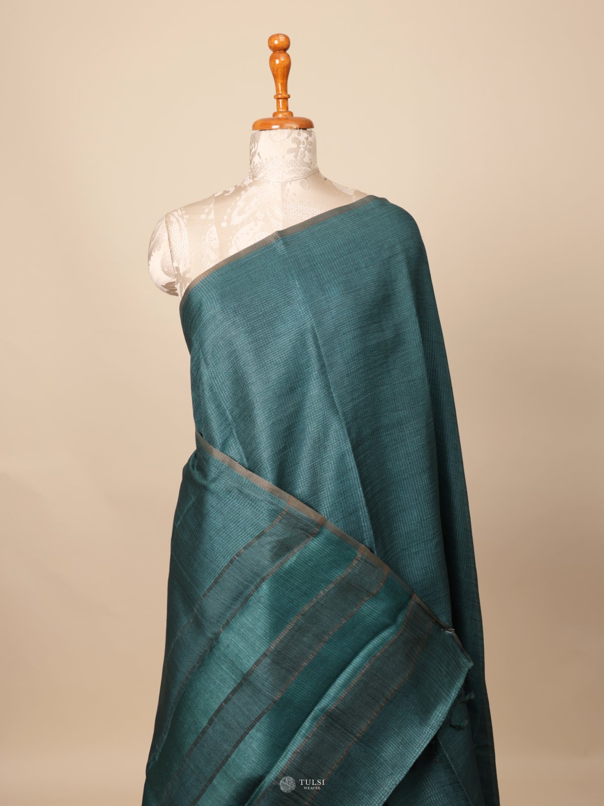 Dark Teal Tussar Silk Saree