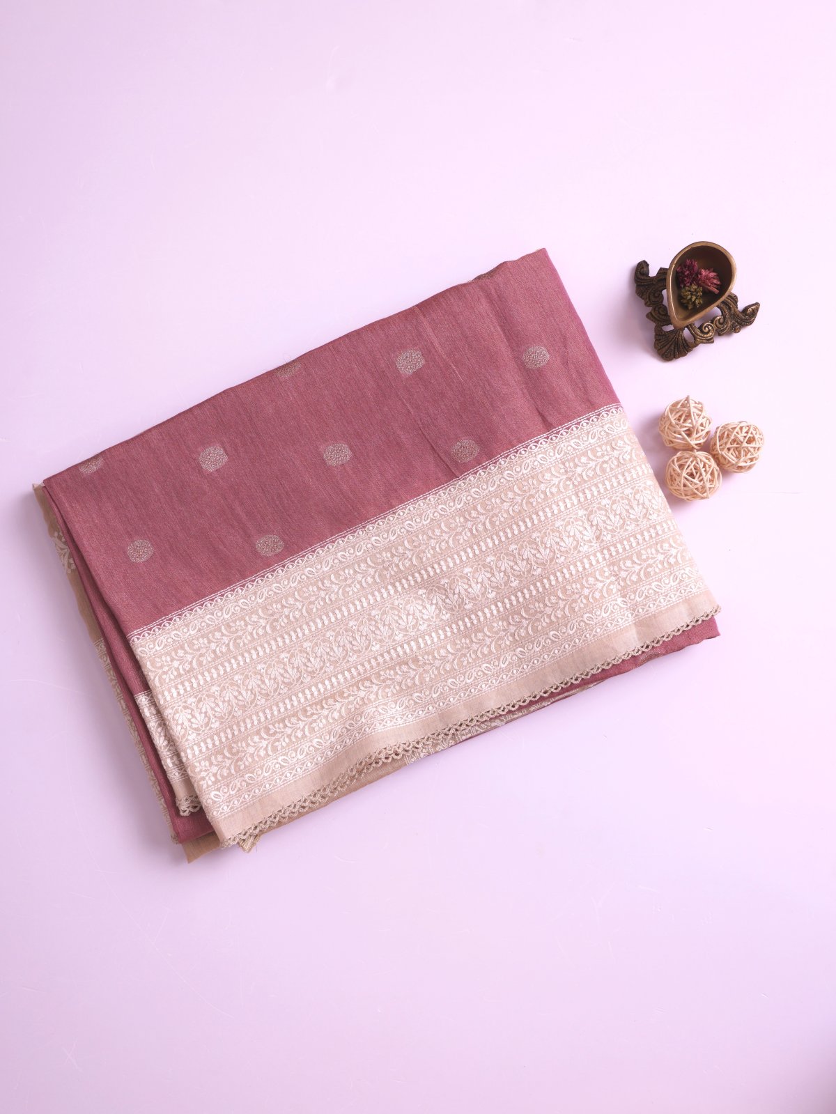 Lilac Pink Tissue Munga Tussar Silk Saree with Beige Border 