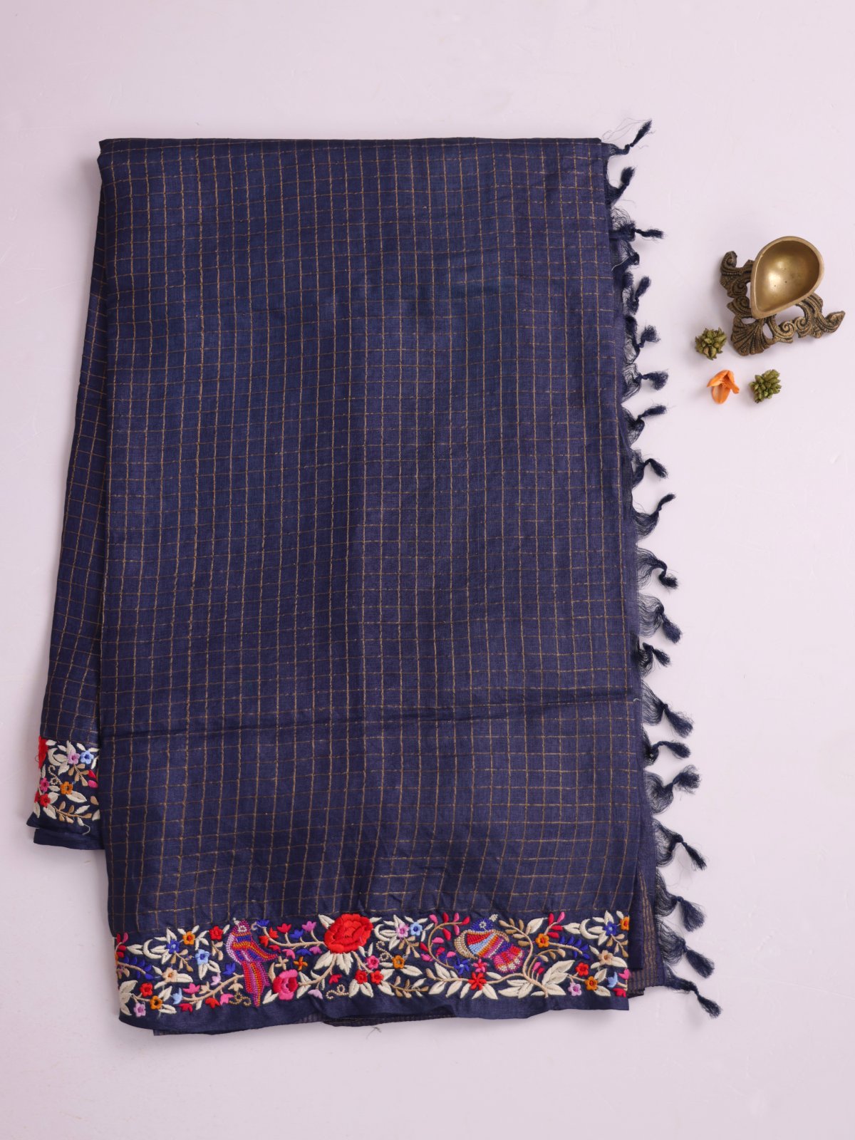 Navy Blue Zari Checked Tussar Silk Saree With Parsi Embroidered Border