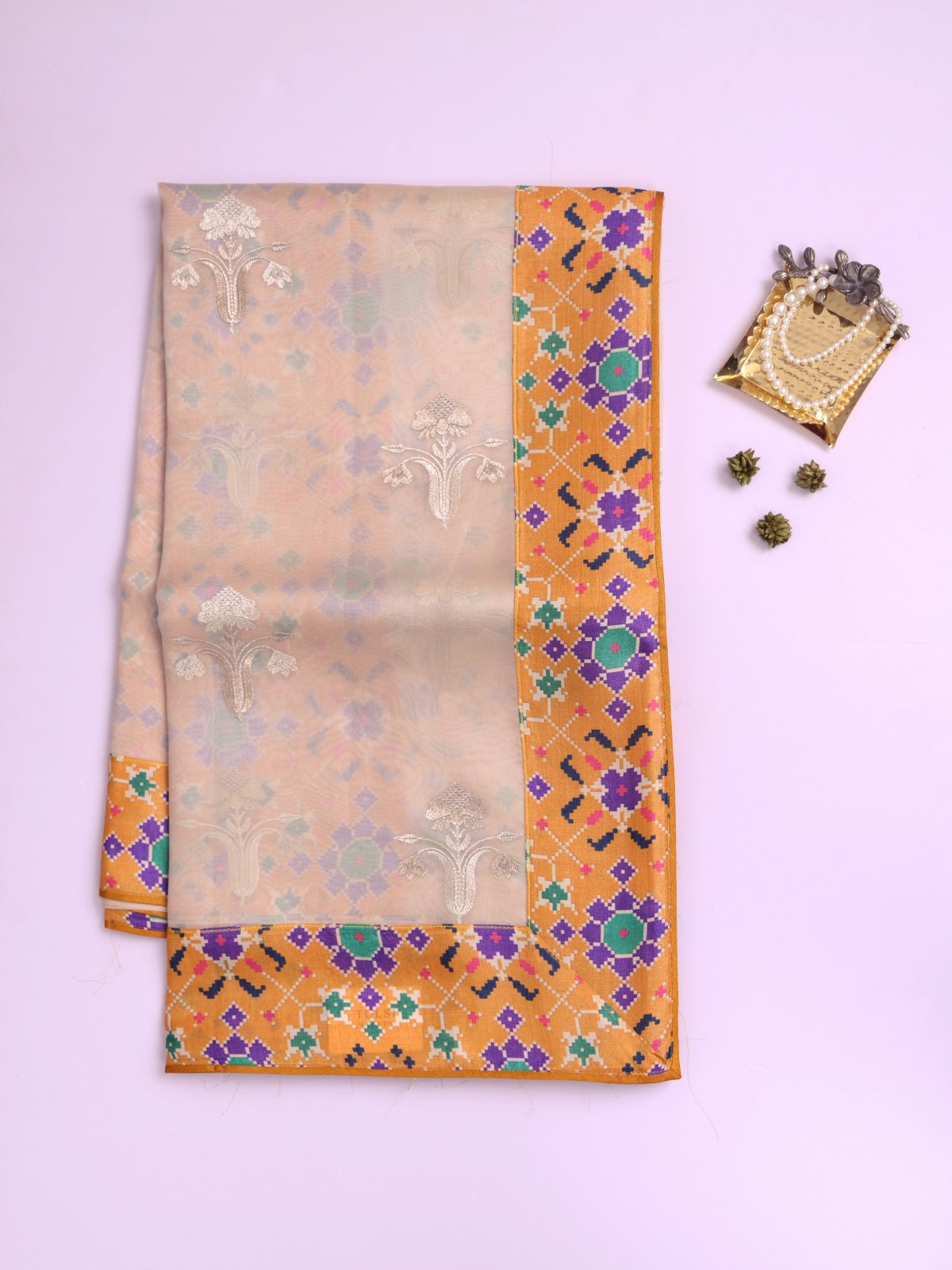 Off-White Organza Silk Saree with Yellow Printed Border